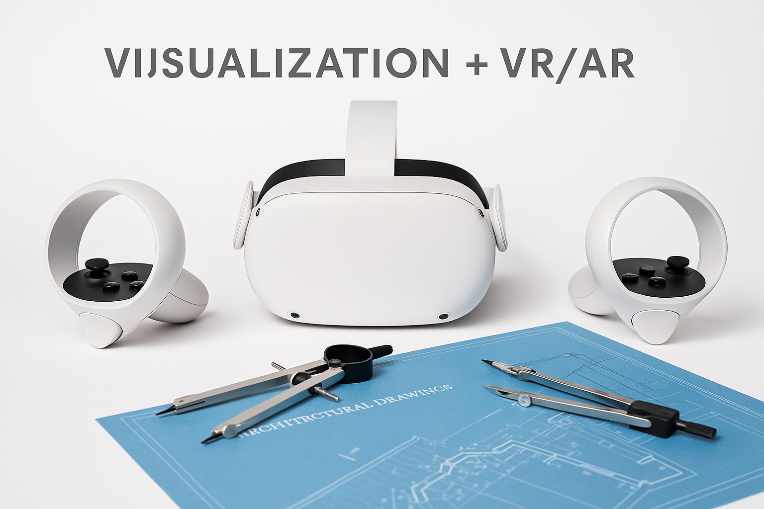 VR headset with controllers, blueprints, and compass.
