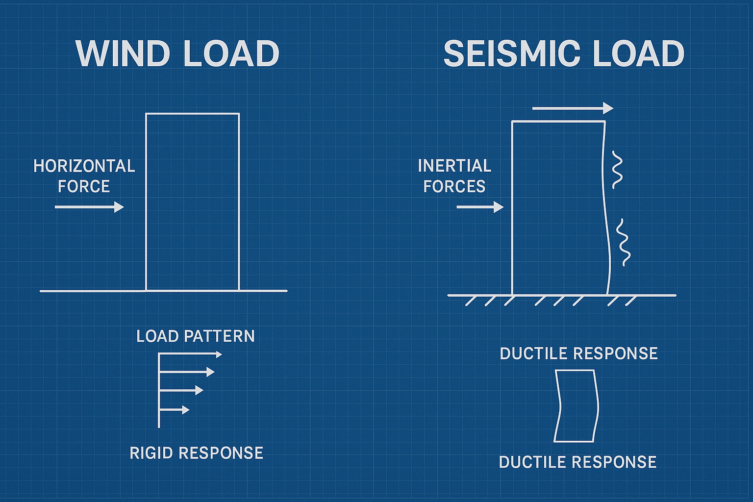 Side-by-side diagram comparing wind and seismic load behavior on structures.