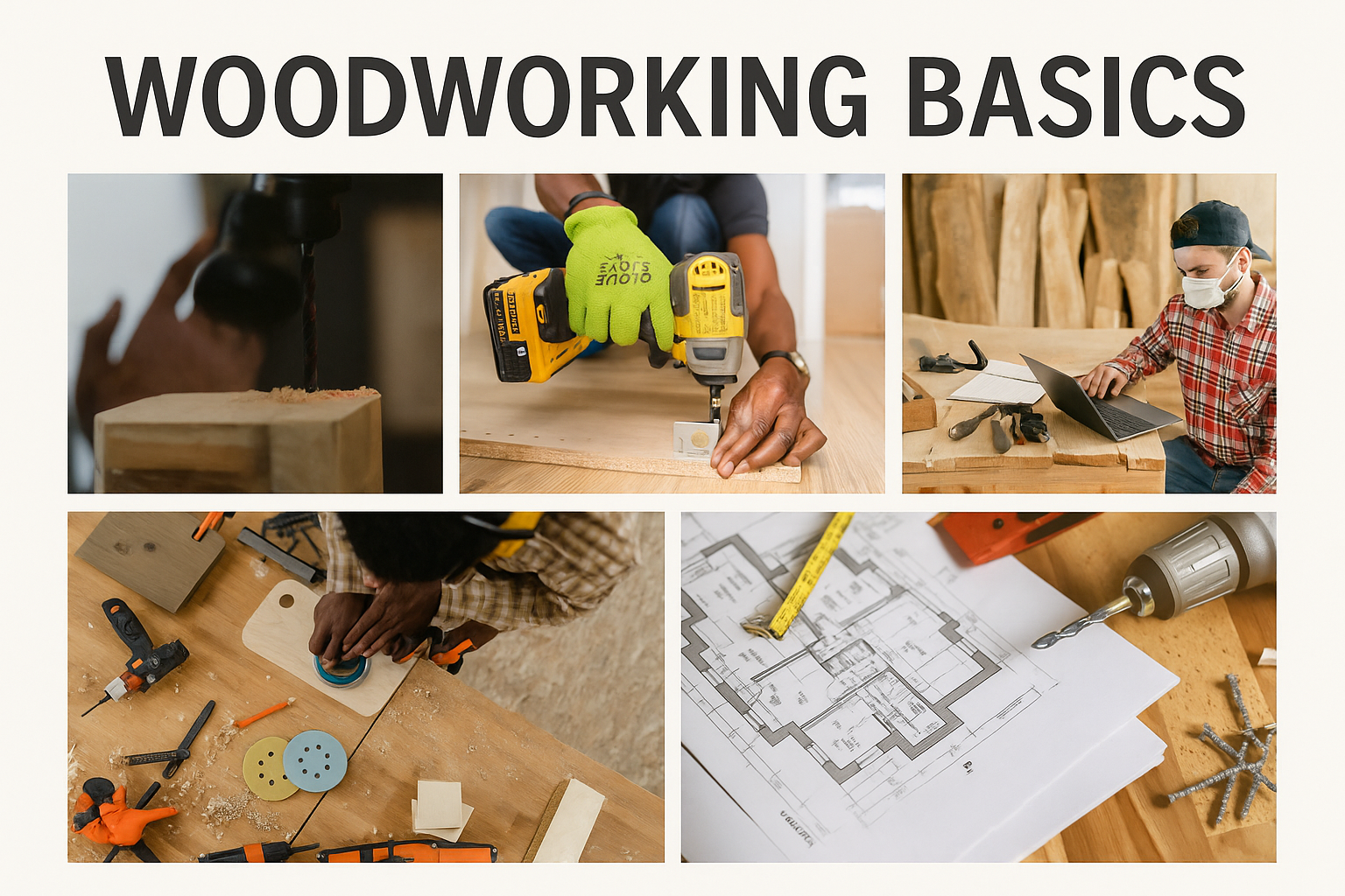 Collage of five woodworking scenes with drills, clamps, plans, and a craftsman using a laptop.