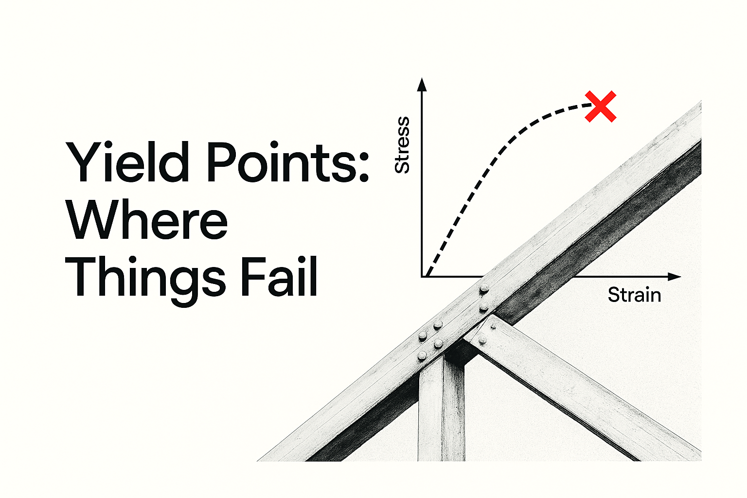 Stress-strain curve with red X marking yield point next to a bolted wooden truss joint.