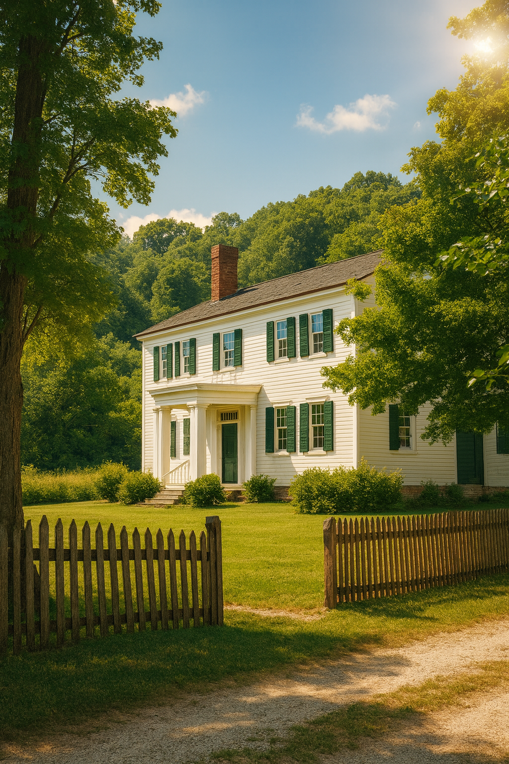 White colonial-style farmhouse with green shutters and gravel path