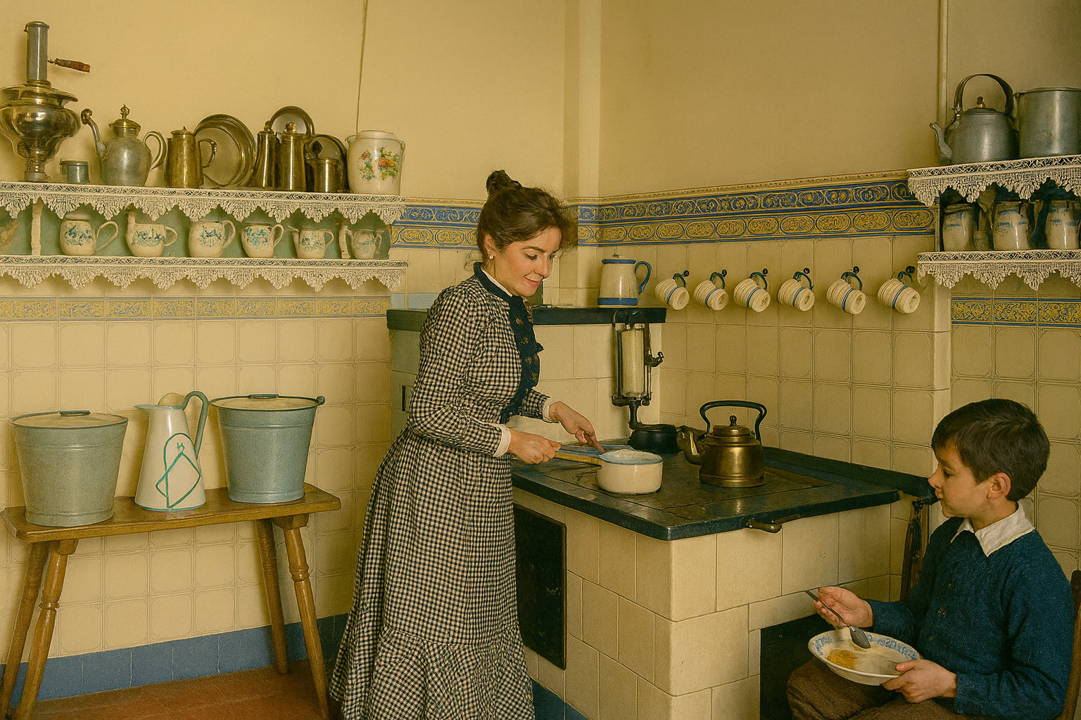 Restored 1899 kitchen with woman cooking and child eating at the table.