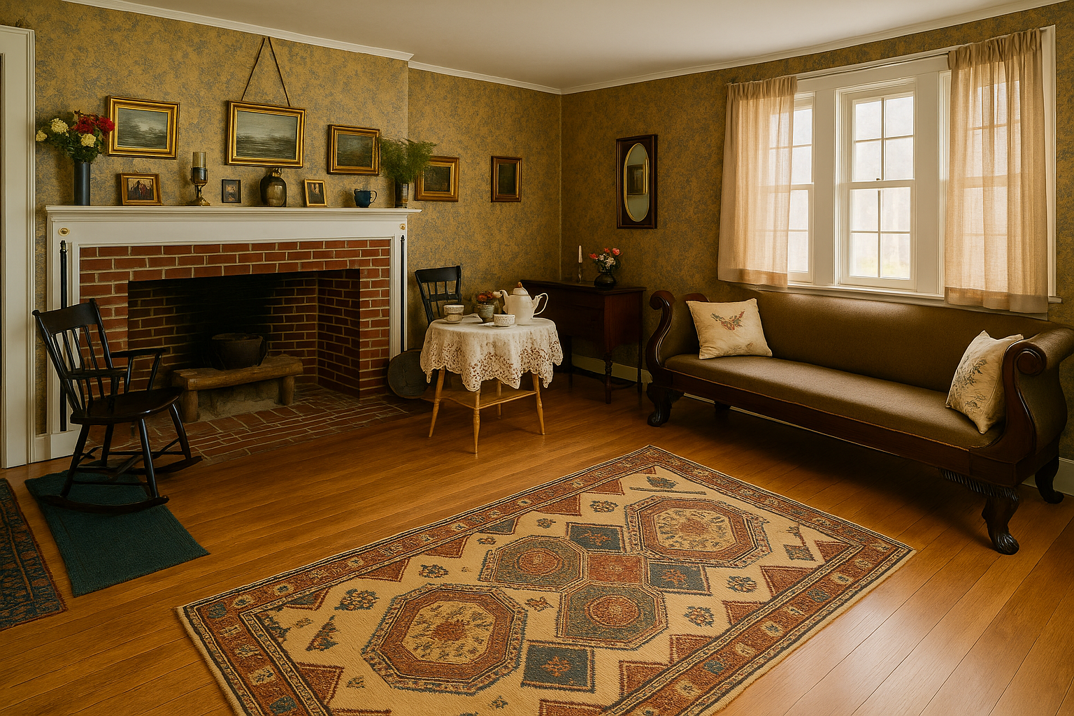 Restored 1910 living room with brick fireplace, patterned rug, and antique furniture in natural colors.