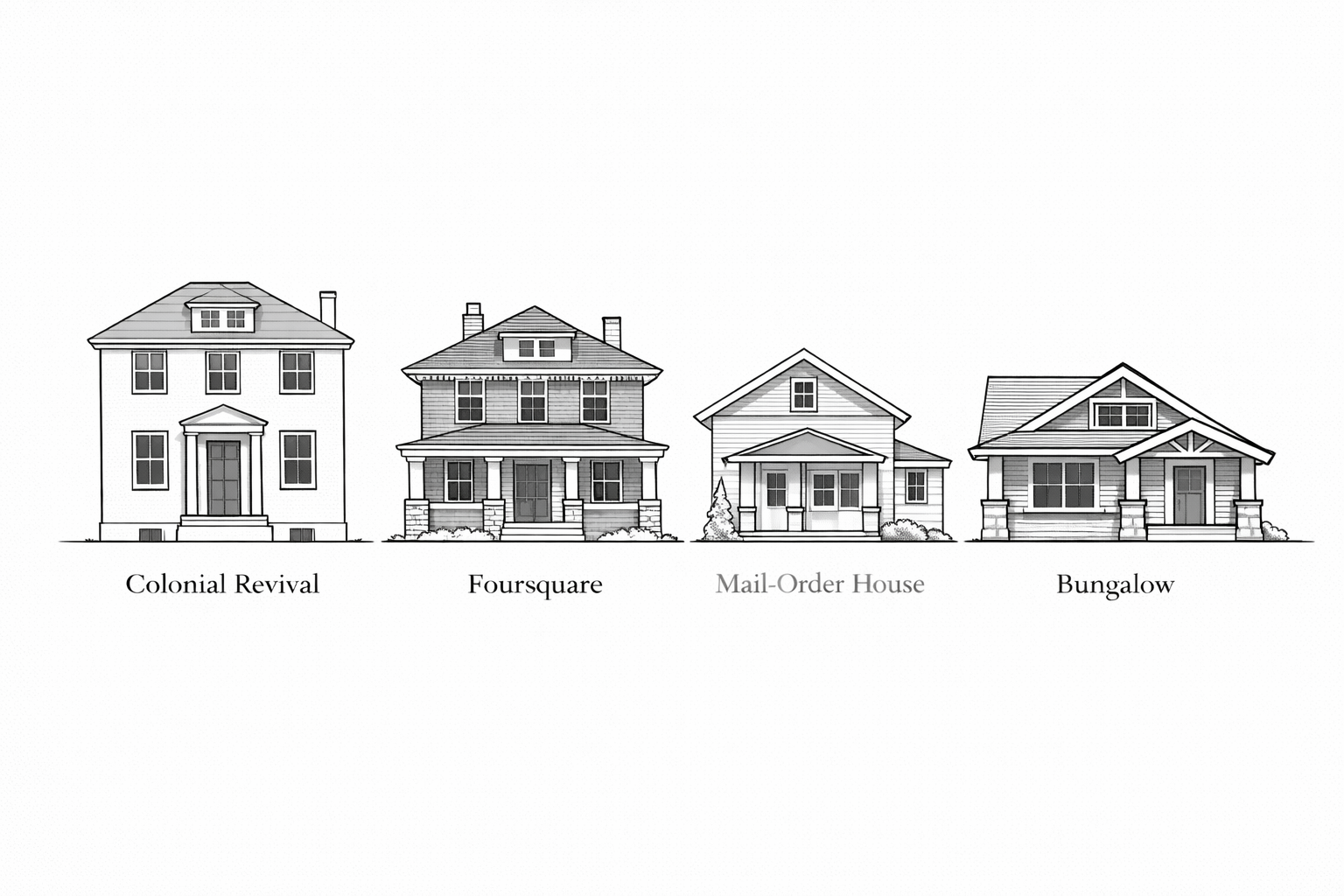 Architectural guide to Colonial Revival, Foursquare, Mail-Order House, and Bungalow types from the 1910s.