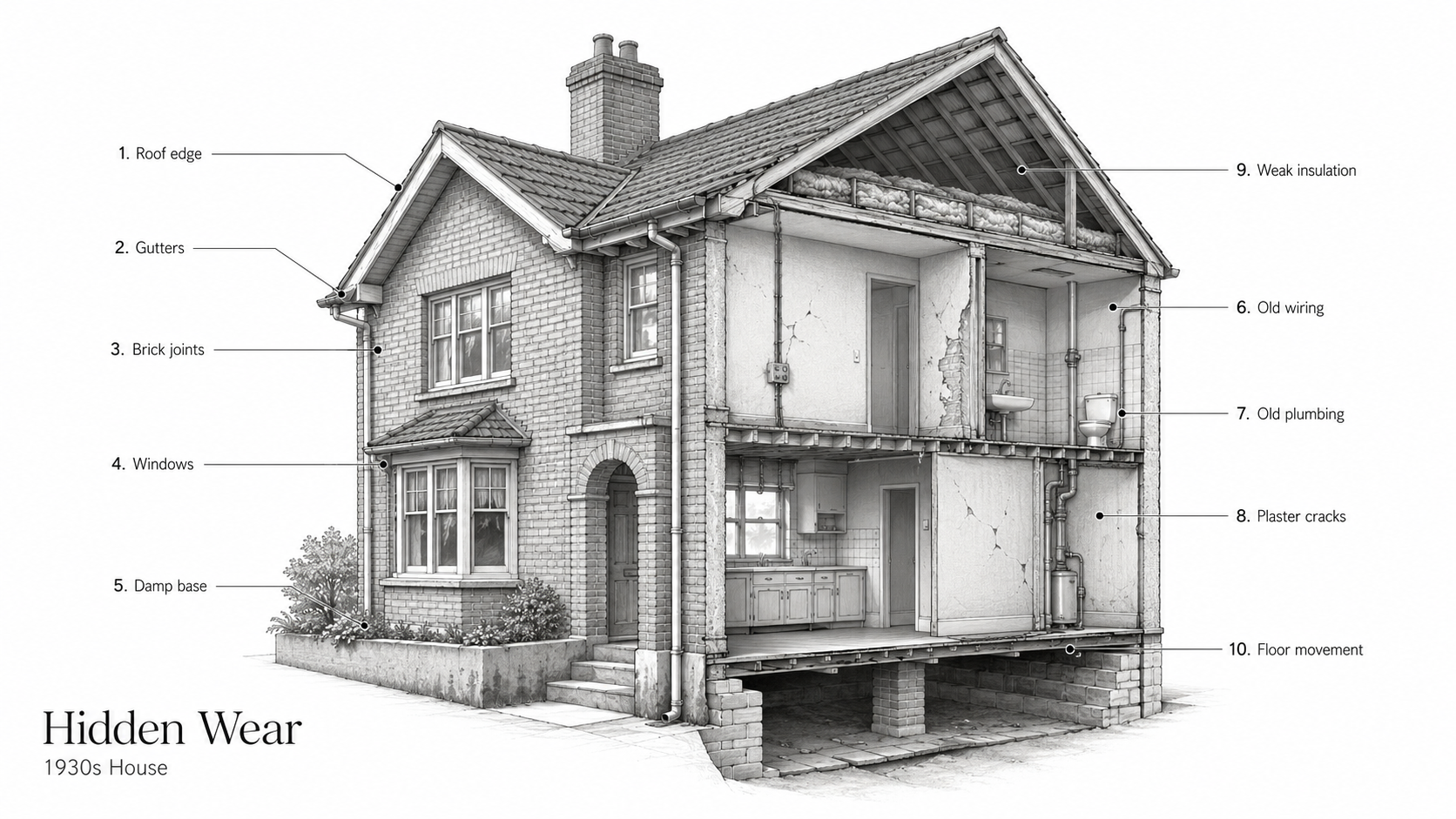 Diagram of a 1930s house showing common issues in roof, brick, windows, wiring, plumbing, damp, plaster, and insulation