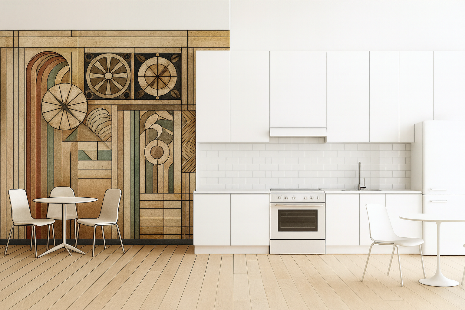 Split-view of 1930s kitchen renovation from art deco.