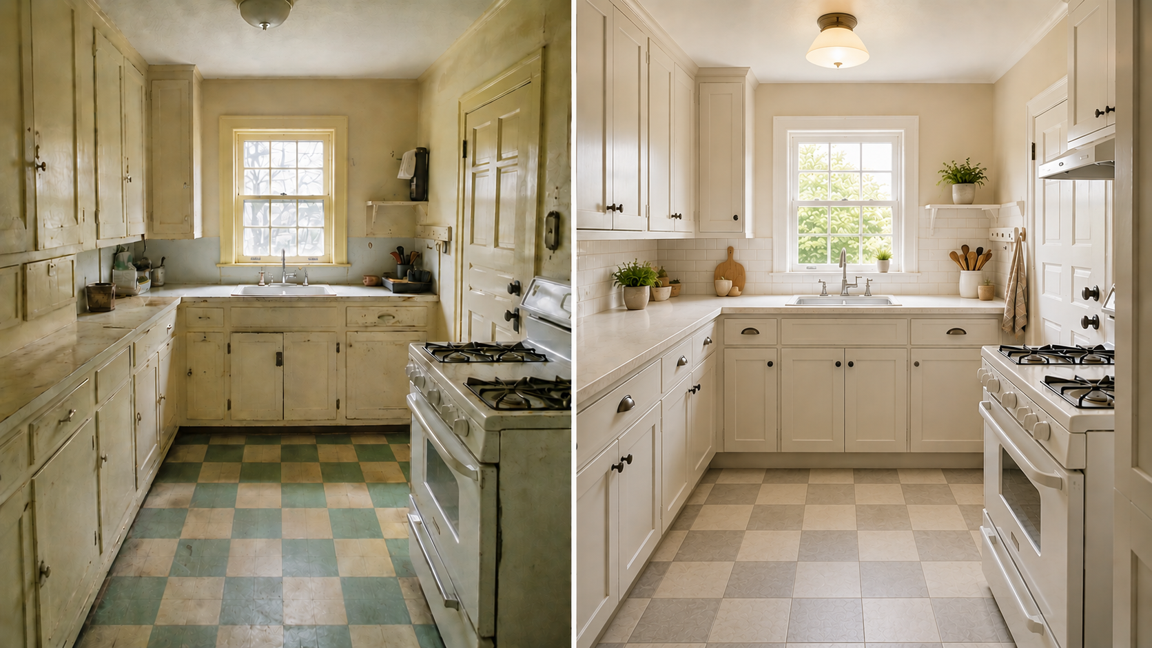 Before and after 1930s kitchen renovation showing a worn compact kitchen updated with period-aware finishes.