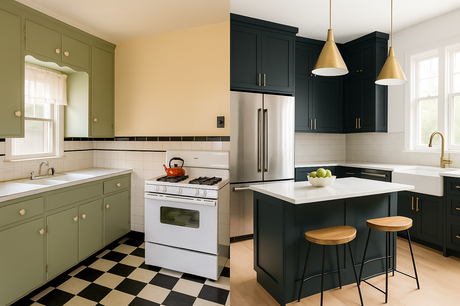 1930s kitchen before-and-after renovation comparison.