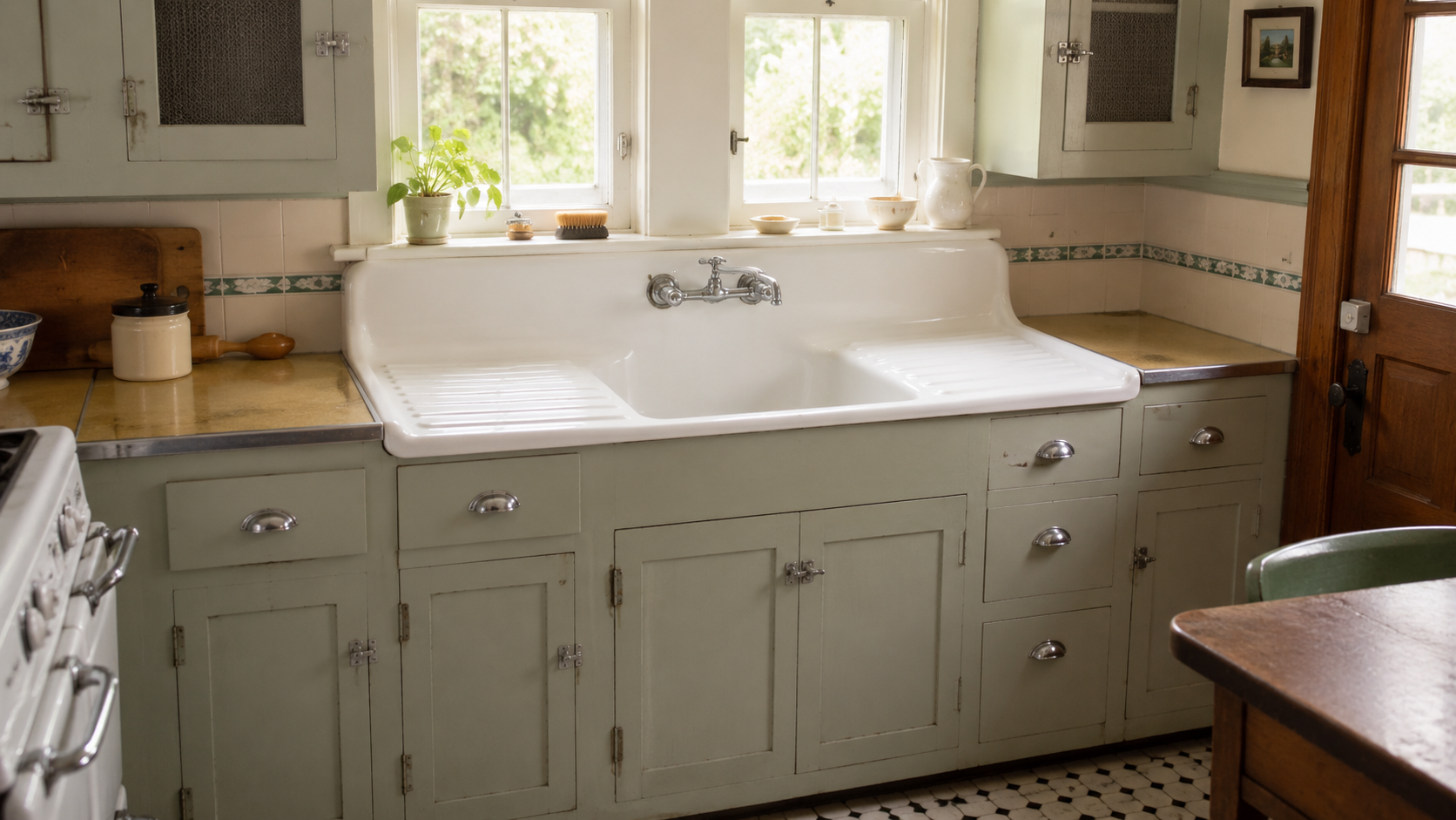 Authentic 1930s kitchen with pale sage built-in cabinets, enamel drainboard sink, wall-mounted faucet, and octagon tile floor.