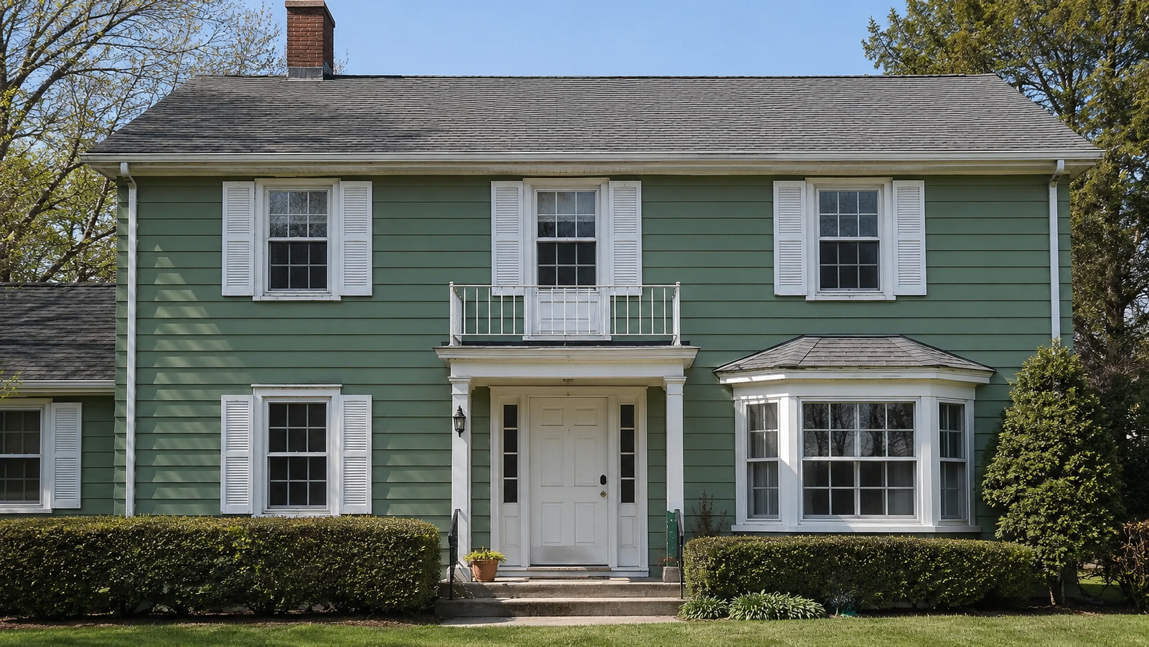 A renovated 1950s Colonial Revival house with green horizontal siding, white shutters, a centered entry porch, bay window, asphalt roof, and mature front landscaping.