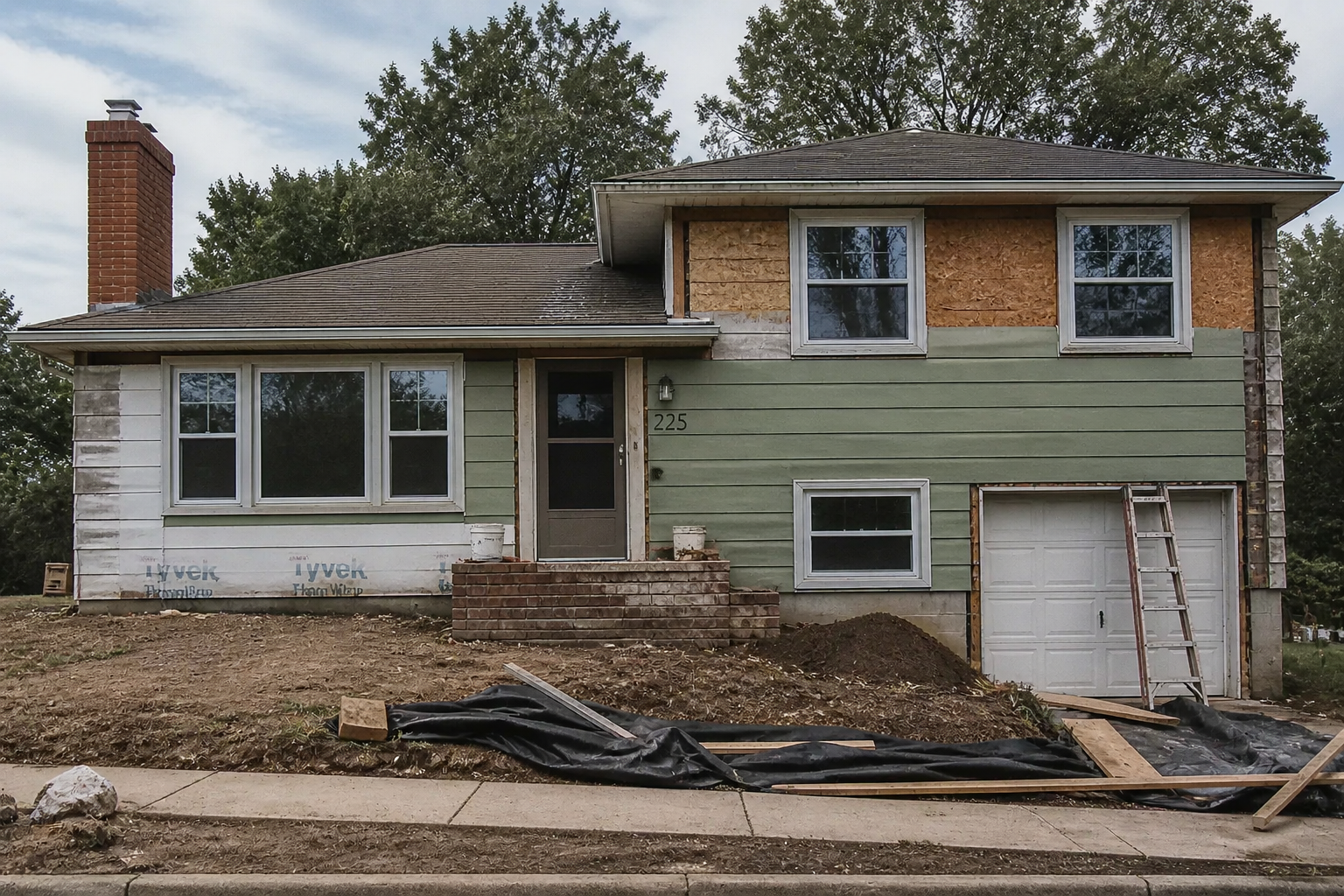 1950s split-level house during restoration with exposed siding, partially replaced windows, roof edge repairs, and unfinished exterior.