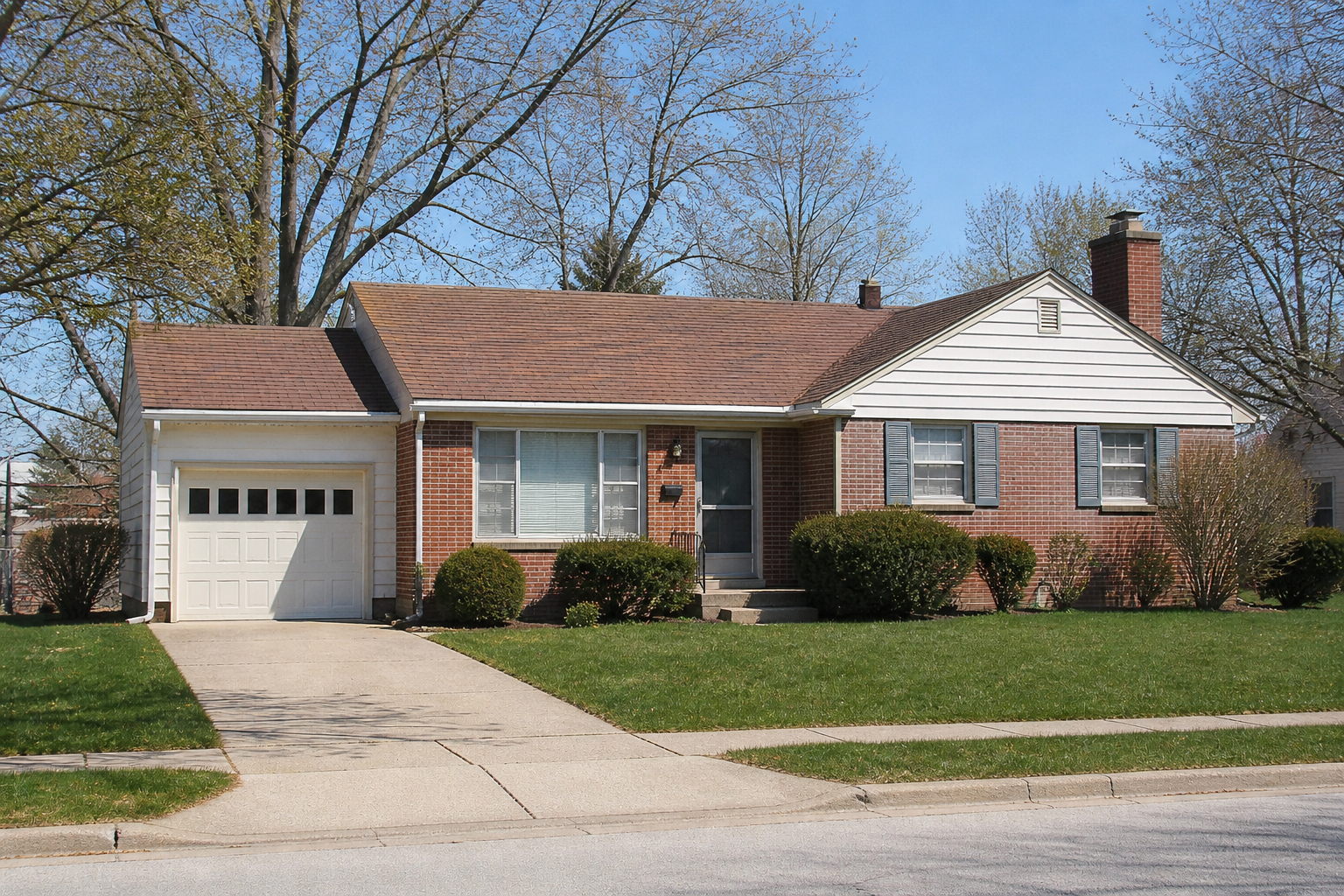A 1950s suburban brick house with beige siding, attached garage, front chimney, picture window, and maintained front lawn.