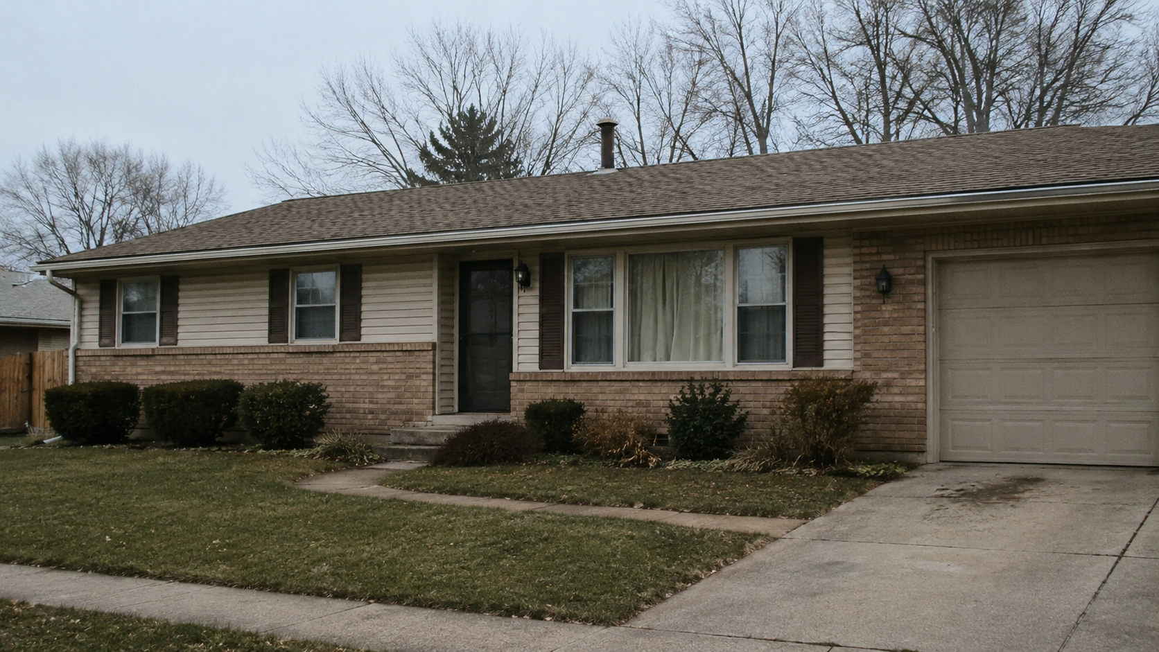 Modest 1980s brick-and-siding ranch house with front garage, dark storm door, low shrubs, stained driveway, and patchy lawn.