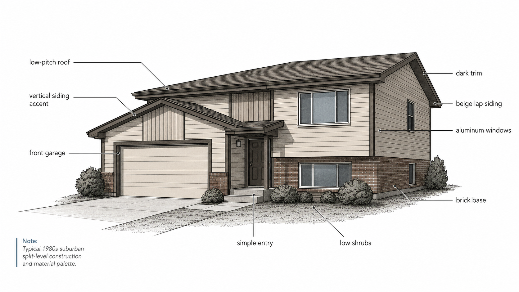 Diagram of a 1980s split-level house with beige siding, brick base, front garage, dark trim, and low shrubs.