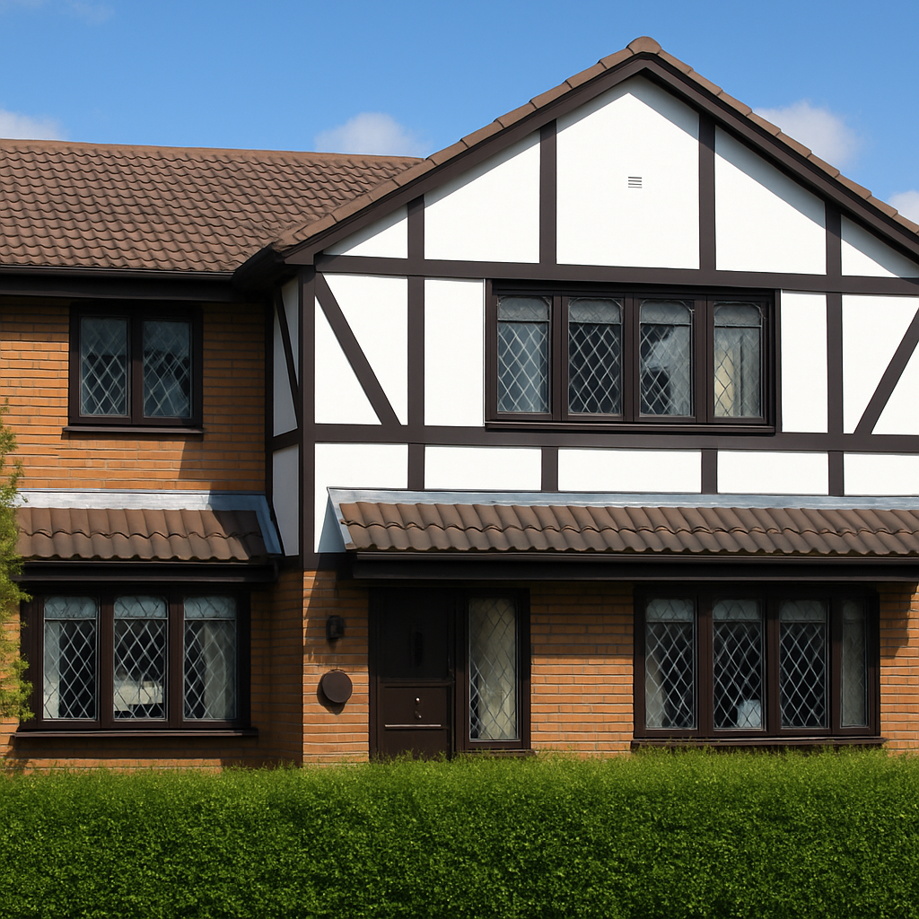 1980s mock-Tudor style house with decorative timbering.