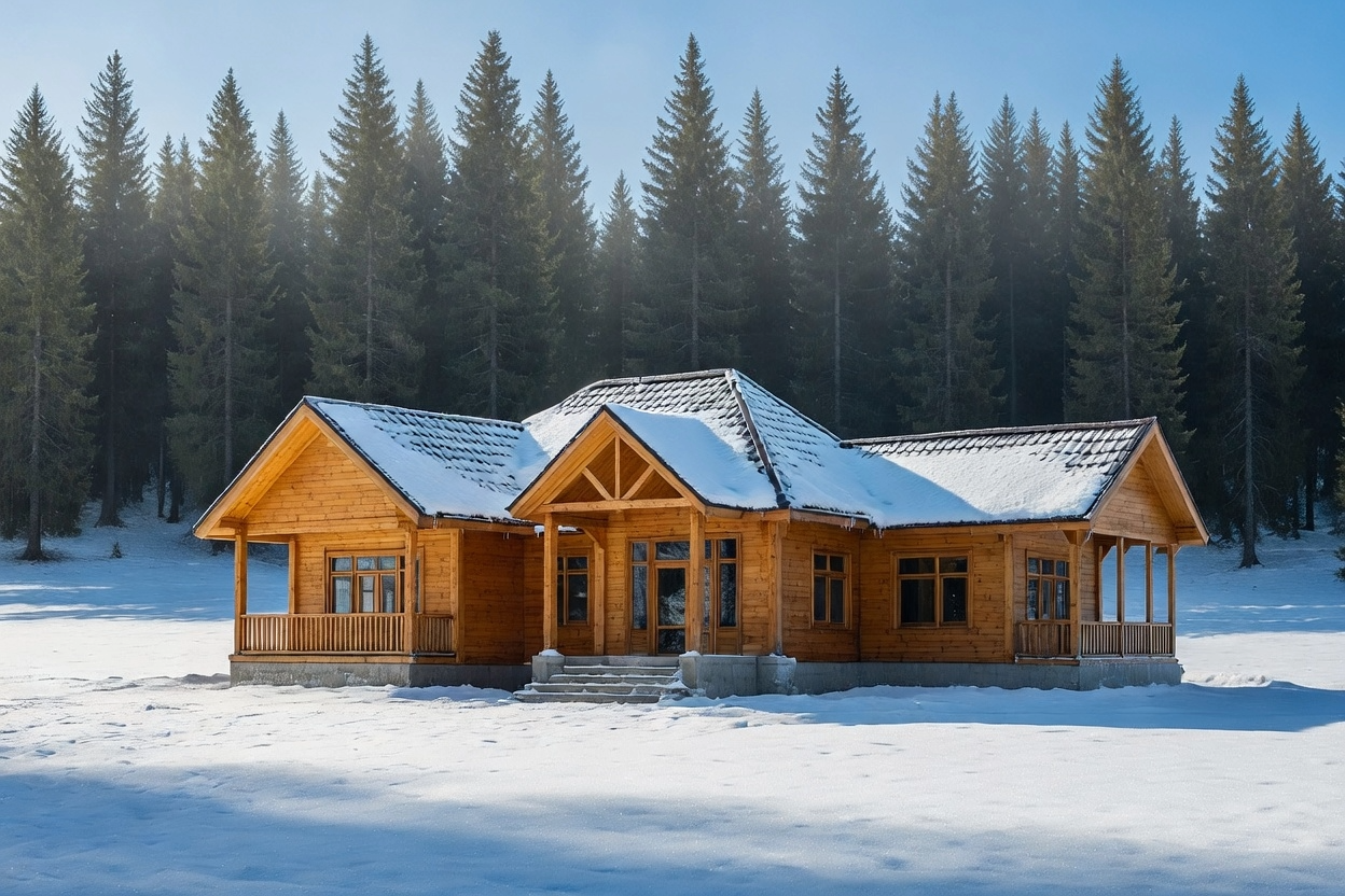 A-frame wooden cabin framing under construction.