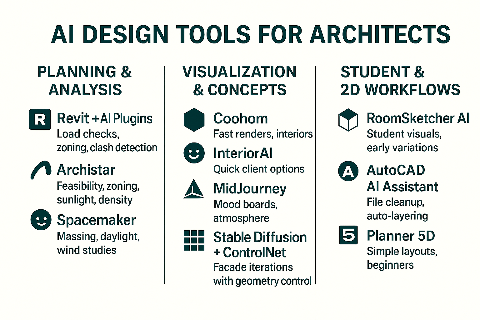 AI design software infographic showing planning, visualization, and student workflow tools for architects.