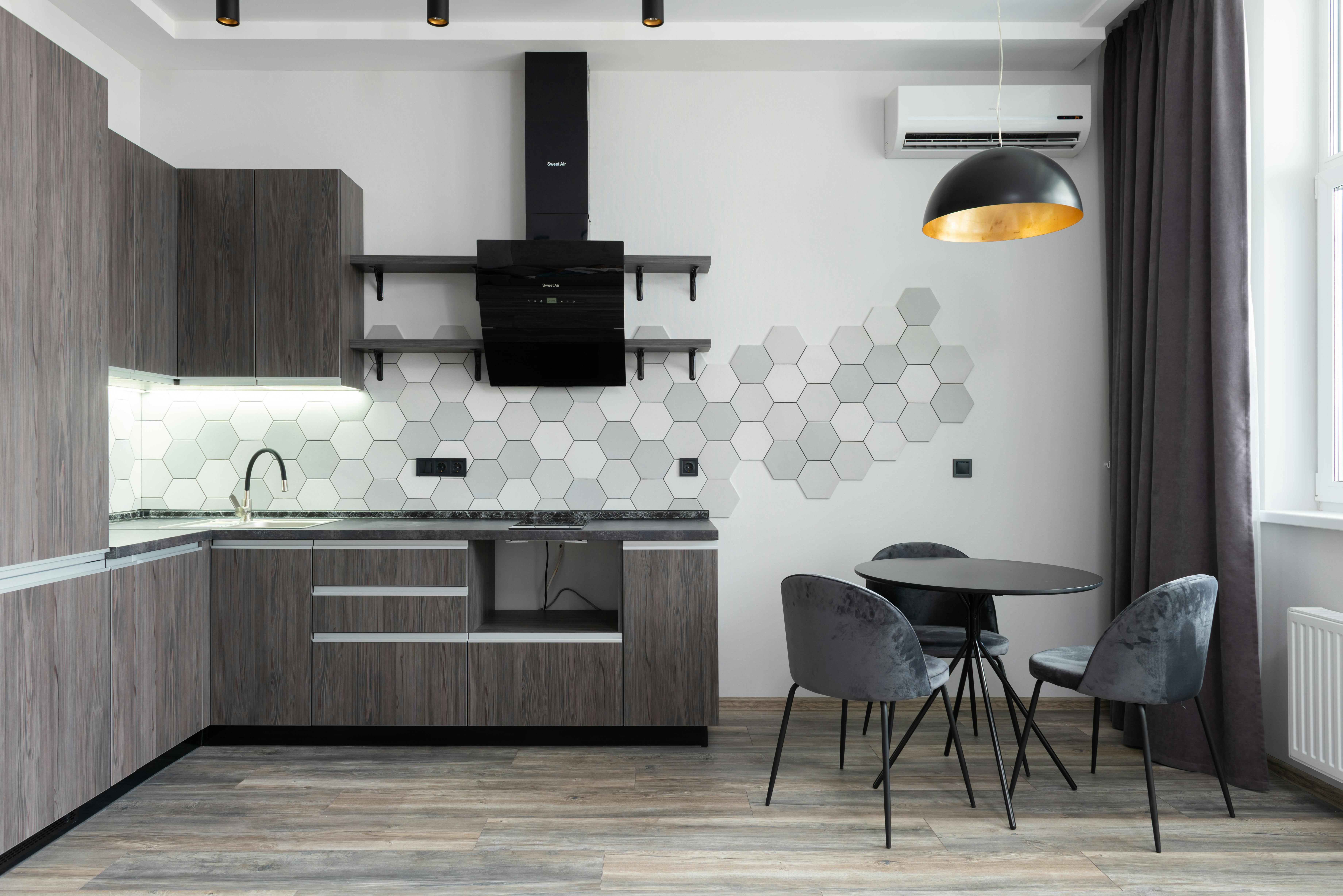 Contemporary kitchen interior created with AI using automated sourcing and material research.