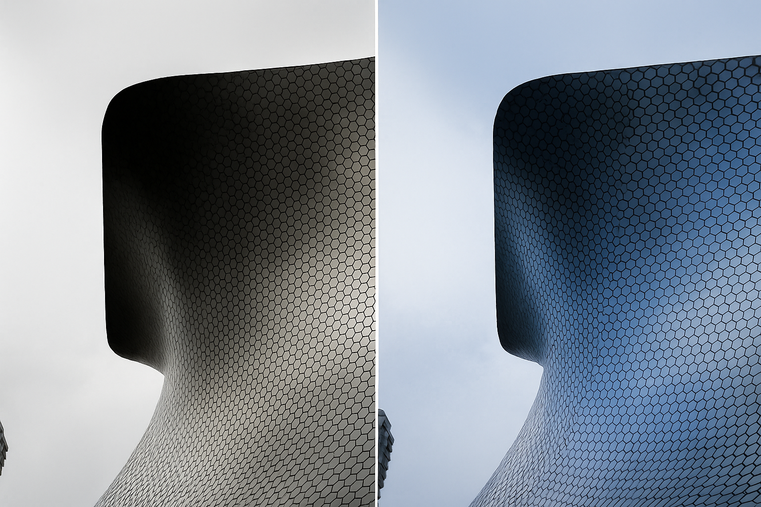 Side by side architectural photos showing different camera effects in lighting and tone.