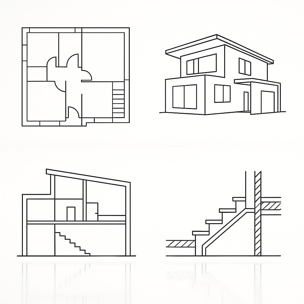 Set of technical architectural drawings of a modern house.