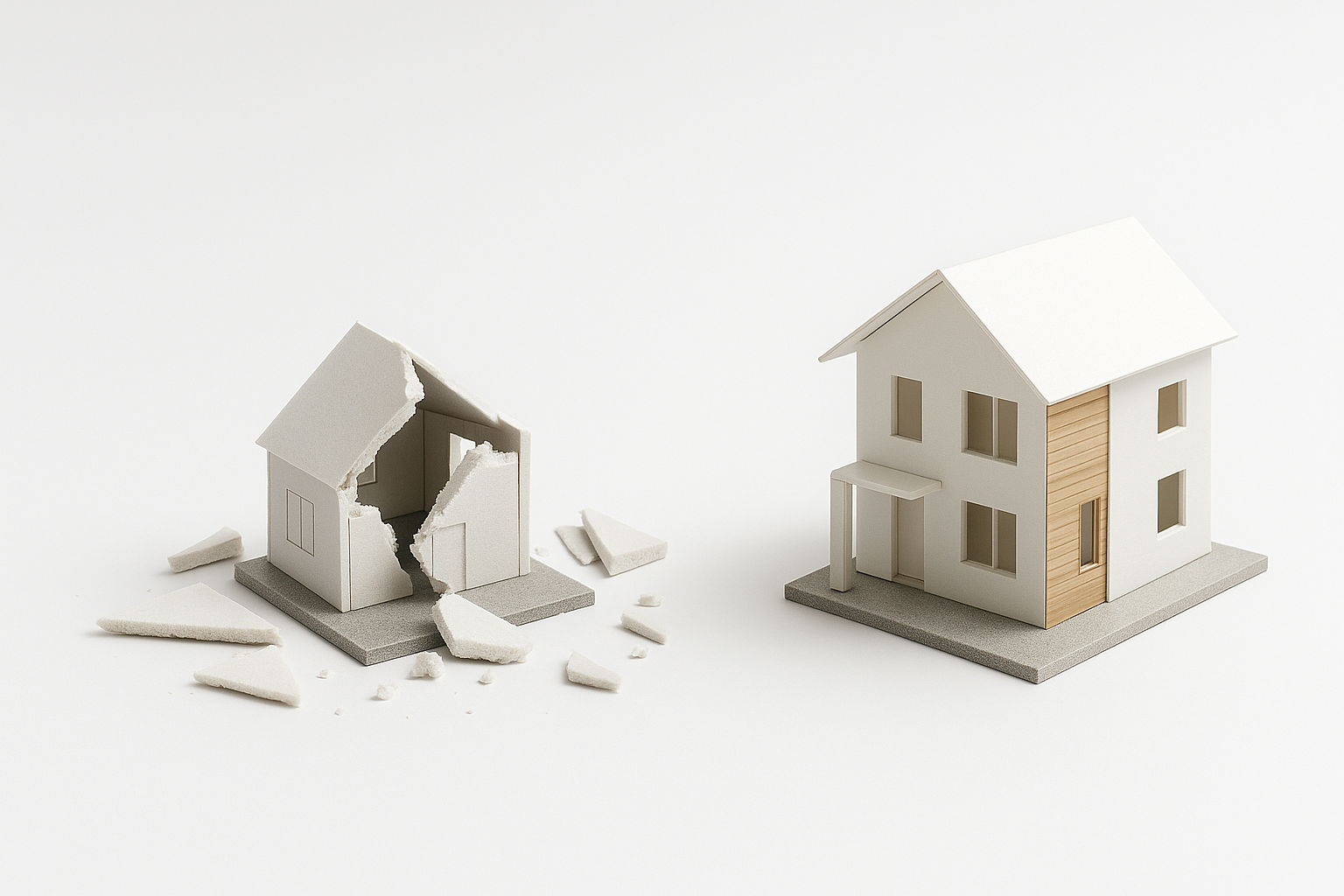 Broken and finished architectural models side by side.