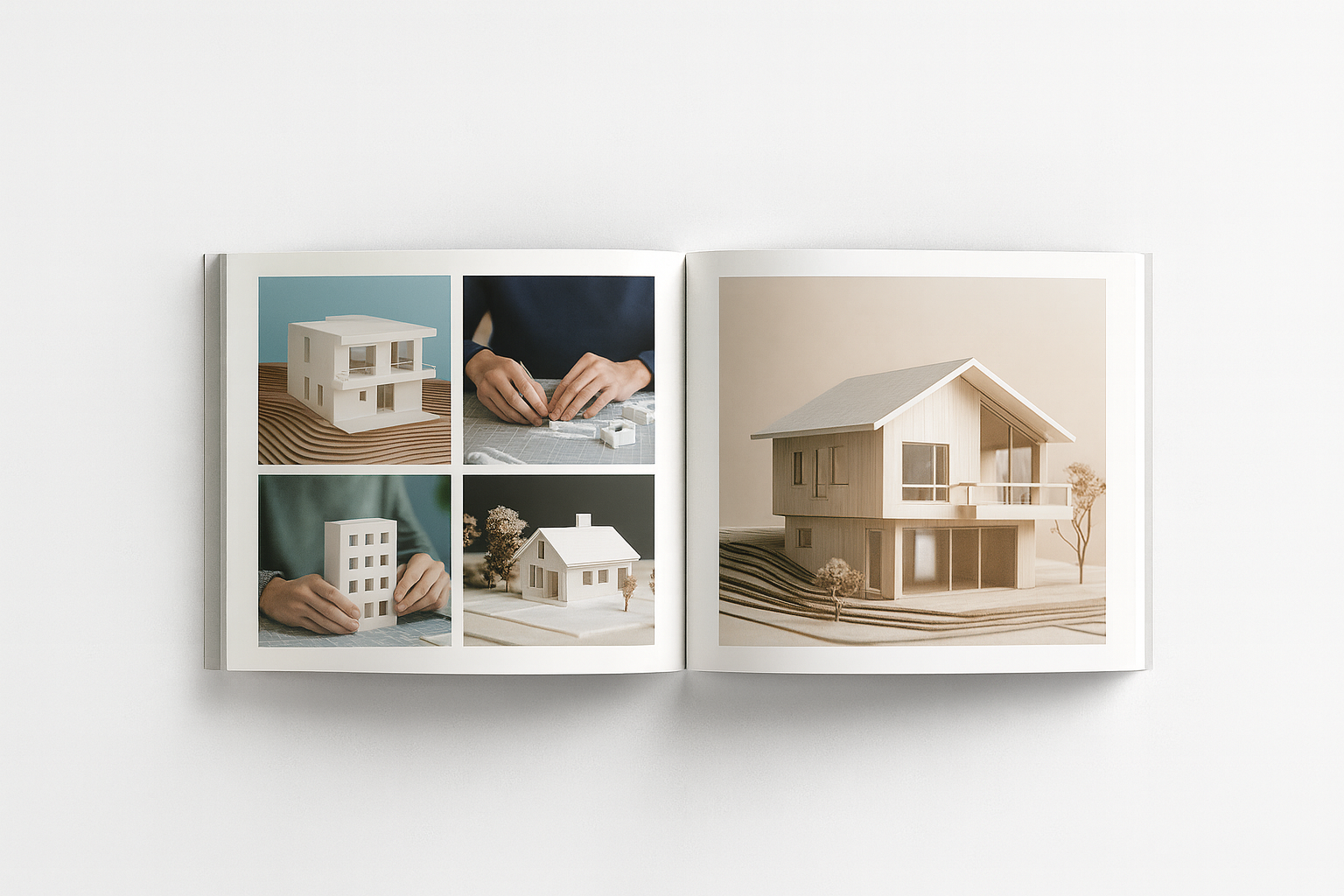 Open book displaying architectural model making with hands assembling models and a detailed house model.