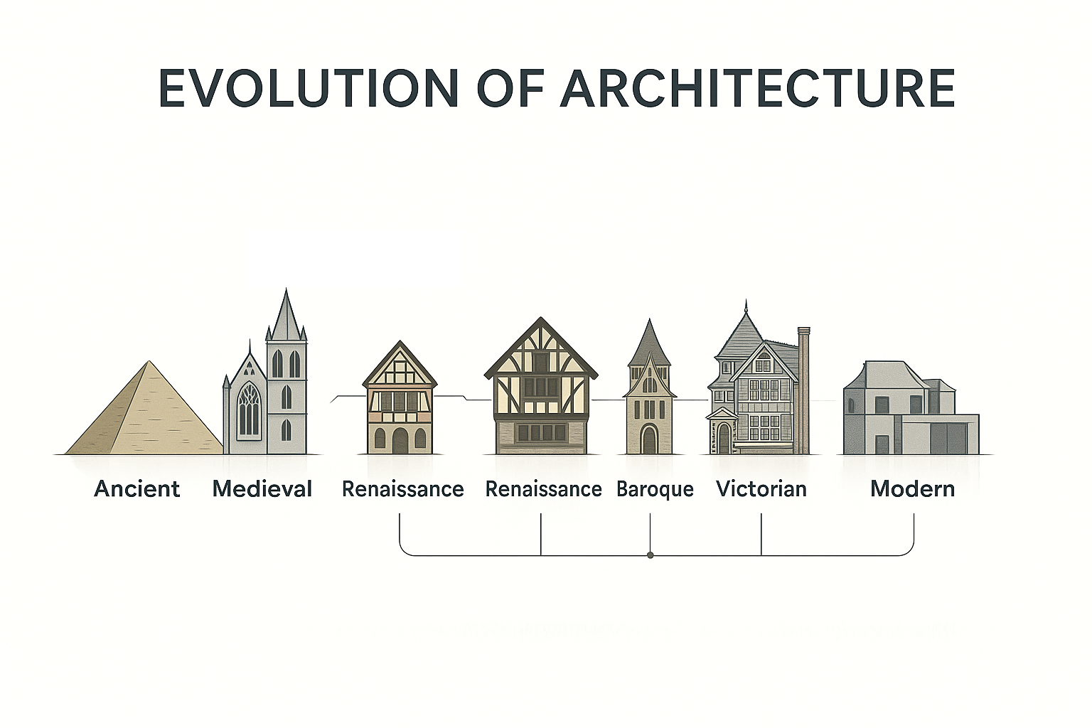 Timeline graphic of major architectural styles with iconic buildings.