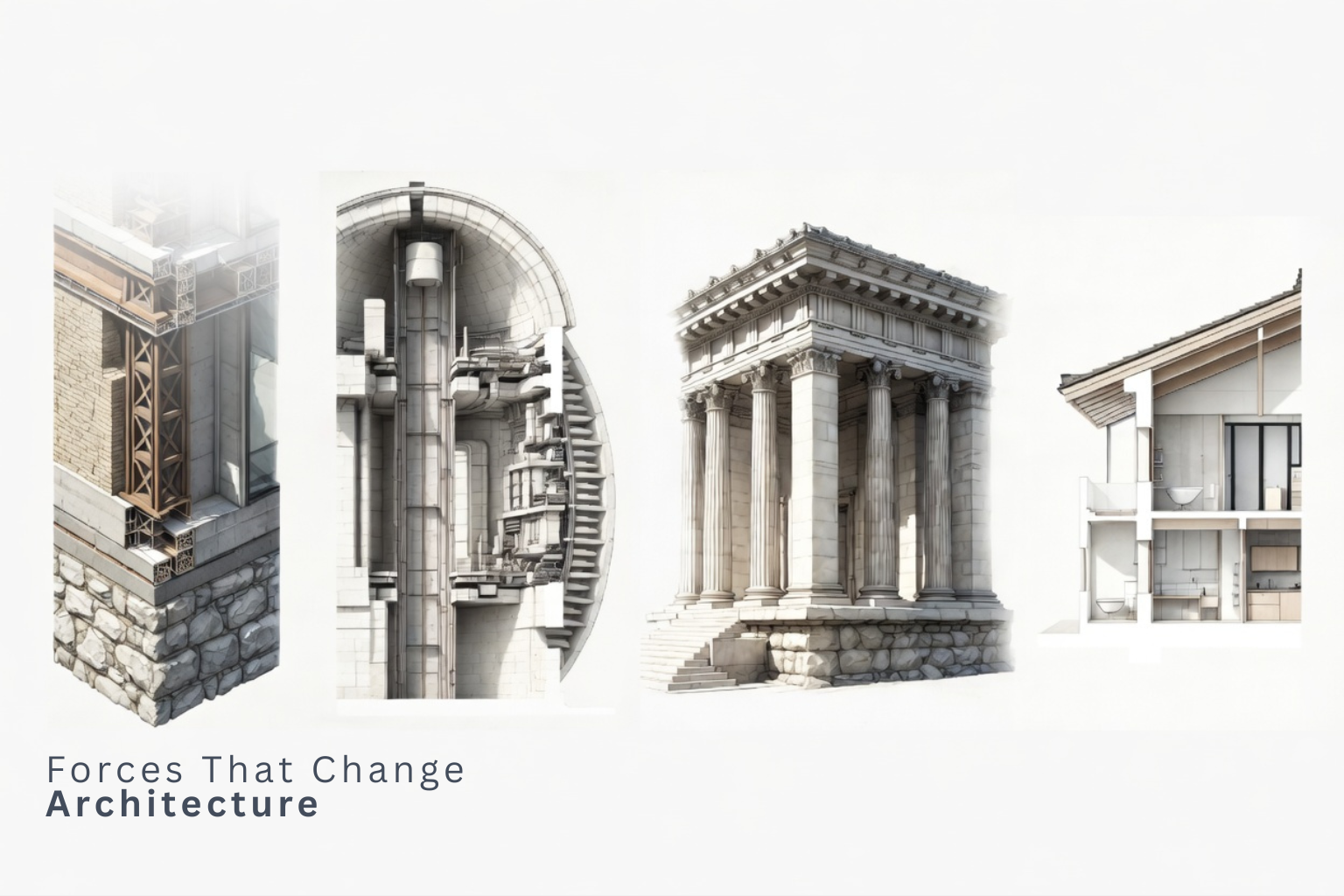 Architectural fragments showing masonry, structural systems, classical order, and modern residential section as drivers of architectural change.