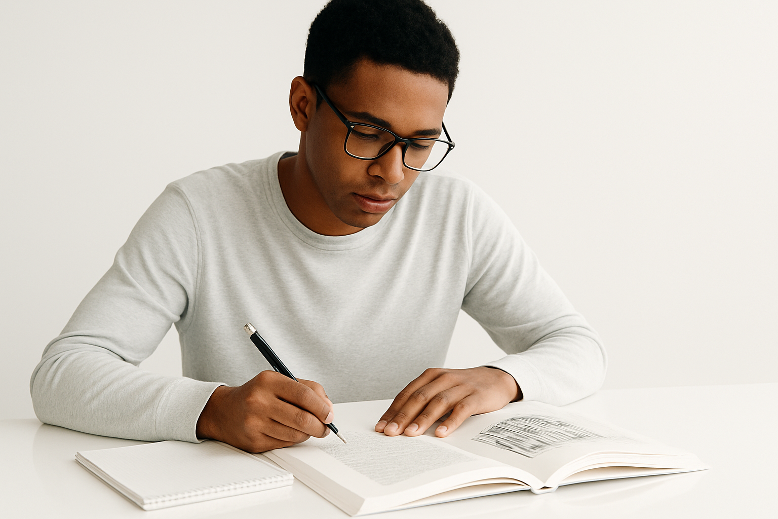 Young architecture student studying a textbook at a white desk.