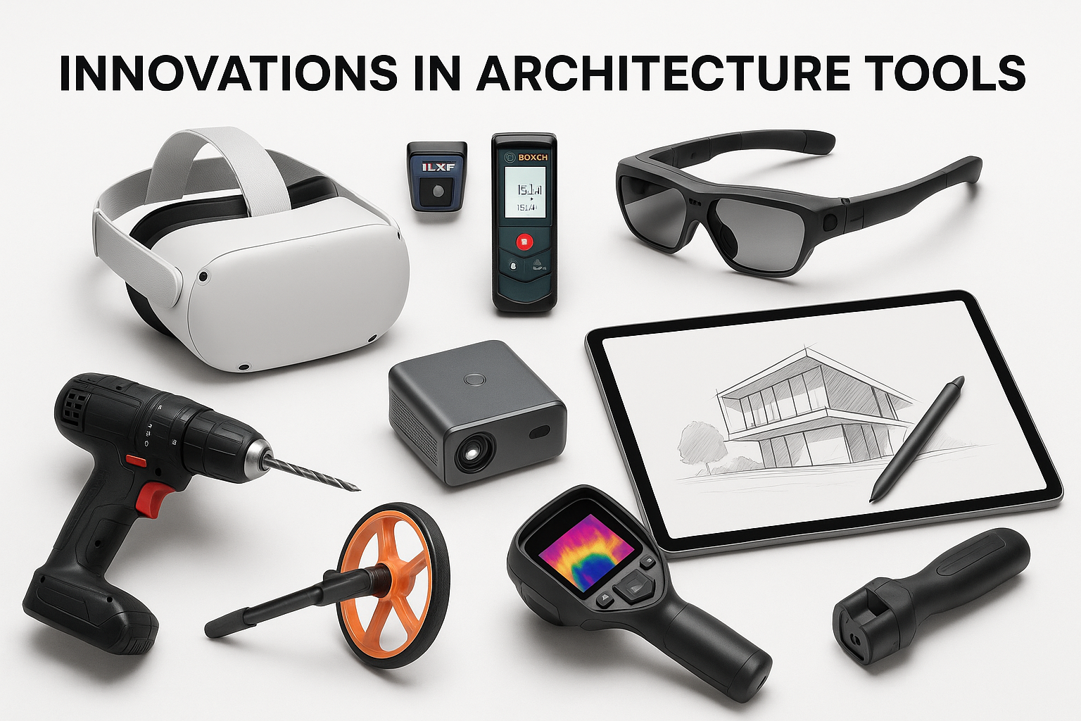 Modern architecture tools including VR headset, tablet, laser measurer, and thermal camera.