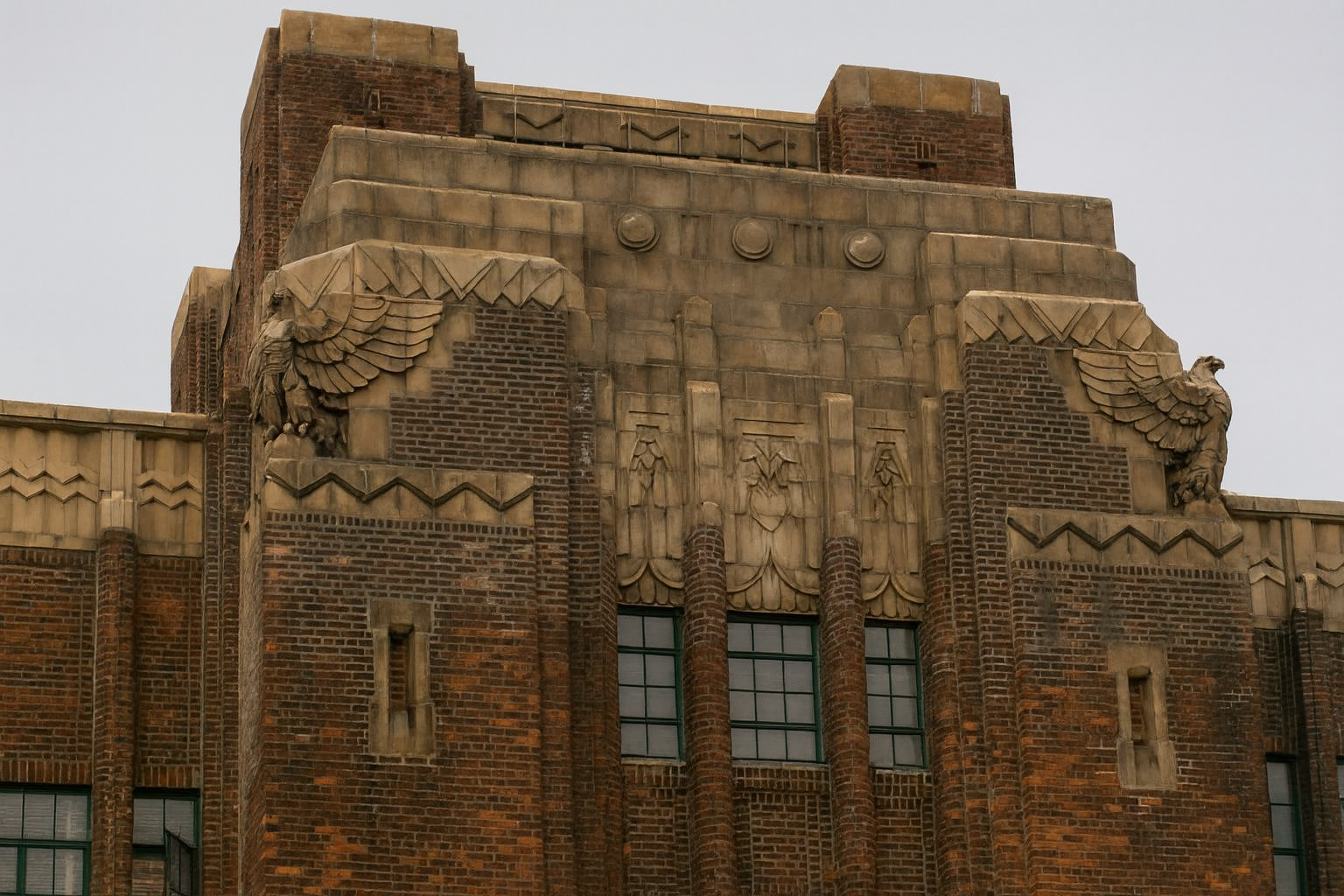 Art Deco entrance tower of the Harlem Armory in New York.