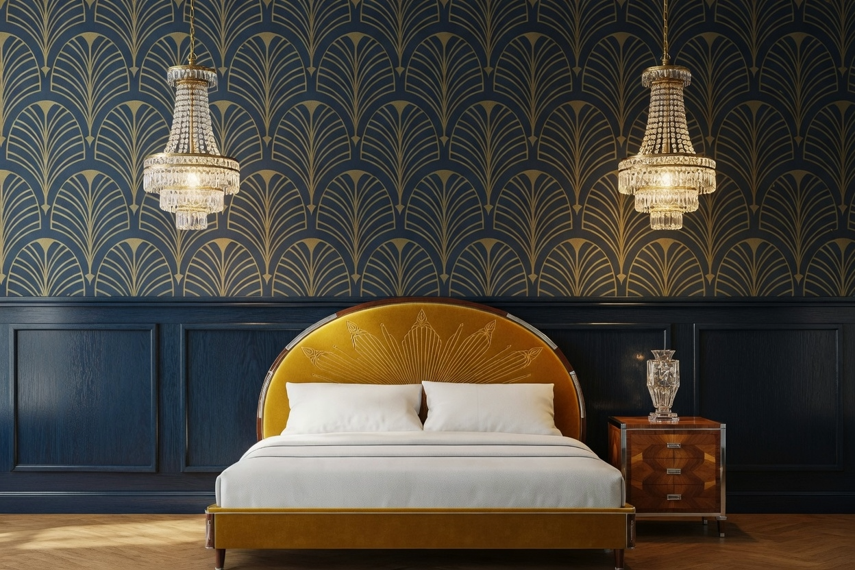 Art Deco-inspired bedroom with fan-pattern wallpaper, sunburst headboard, crystal pendant lights, and polished wood furniture.