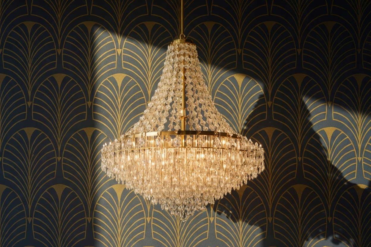 Art Deco-style chandelier against fan-pattern wallpaper in a dark blue and gold interior.