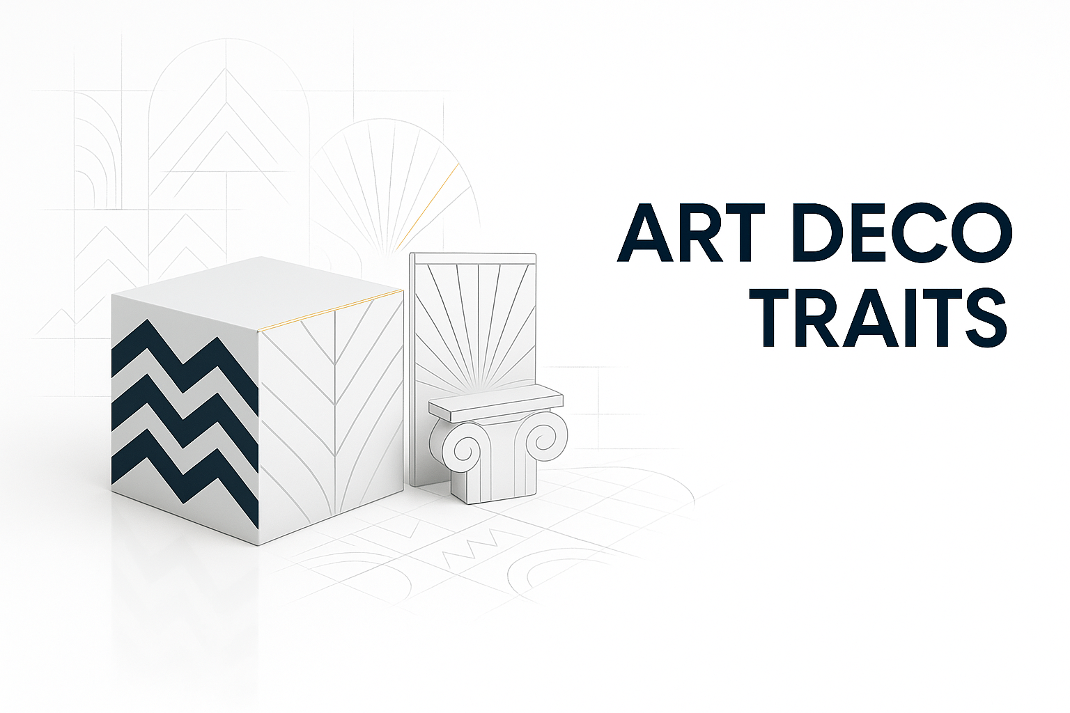 Showing Art Deco traits with gold and green highlights, including geometric cube, sunburst, and stylized column.