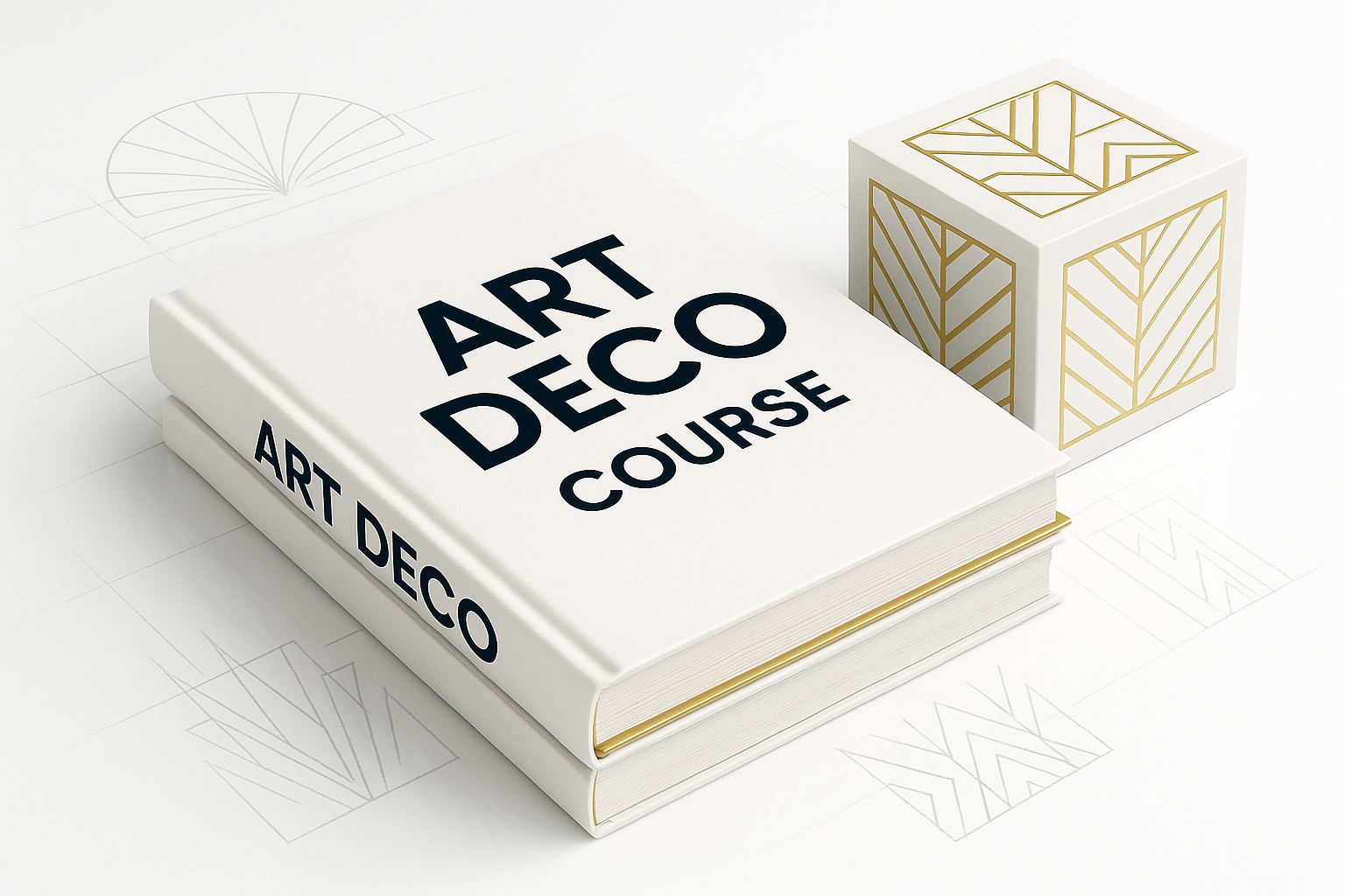 Art Deco course book with geometric cube and gold accents.