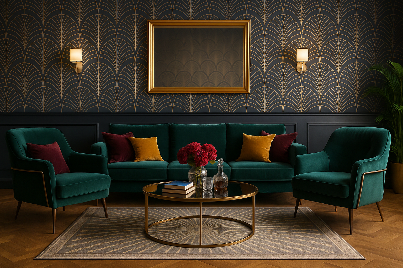 Cozy Art Deco living room with emerald green sofa, chairs, and gold-accented coffee table.