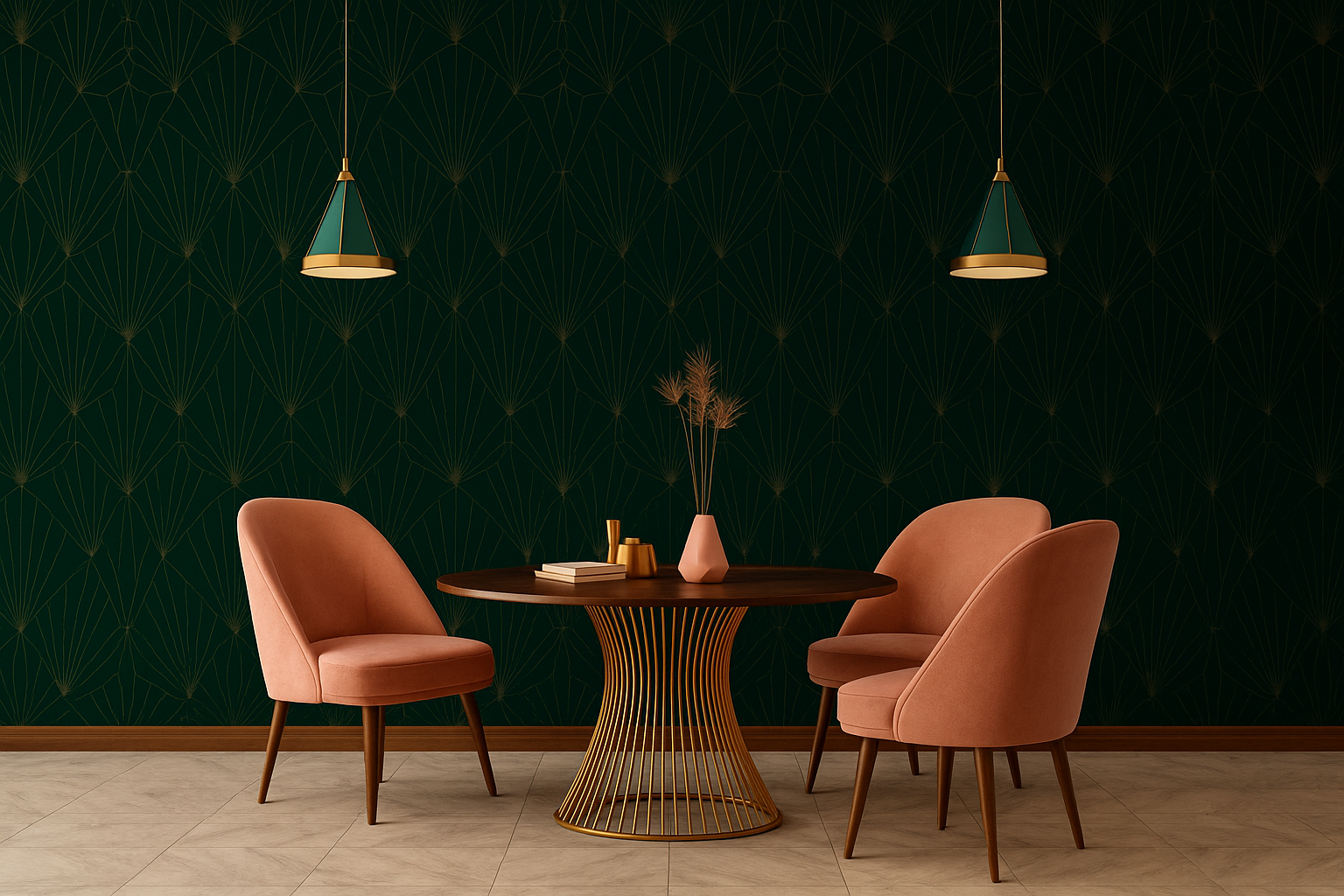 Art Deco dining room with gold dining table, patterned wall, and pendant chandeliers.