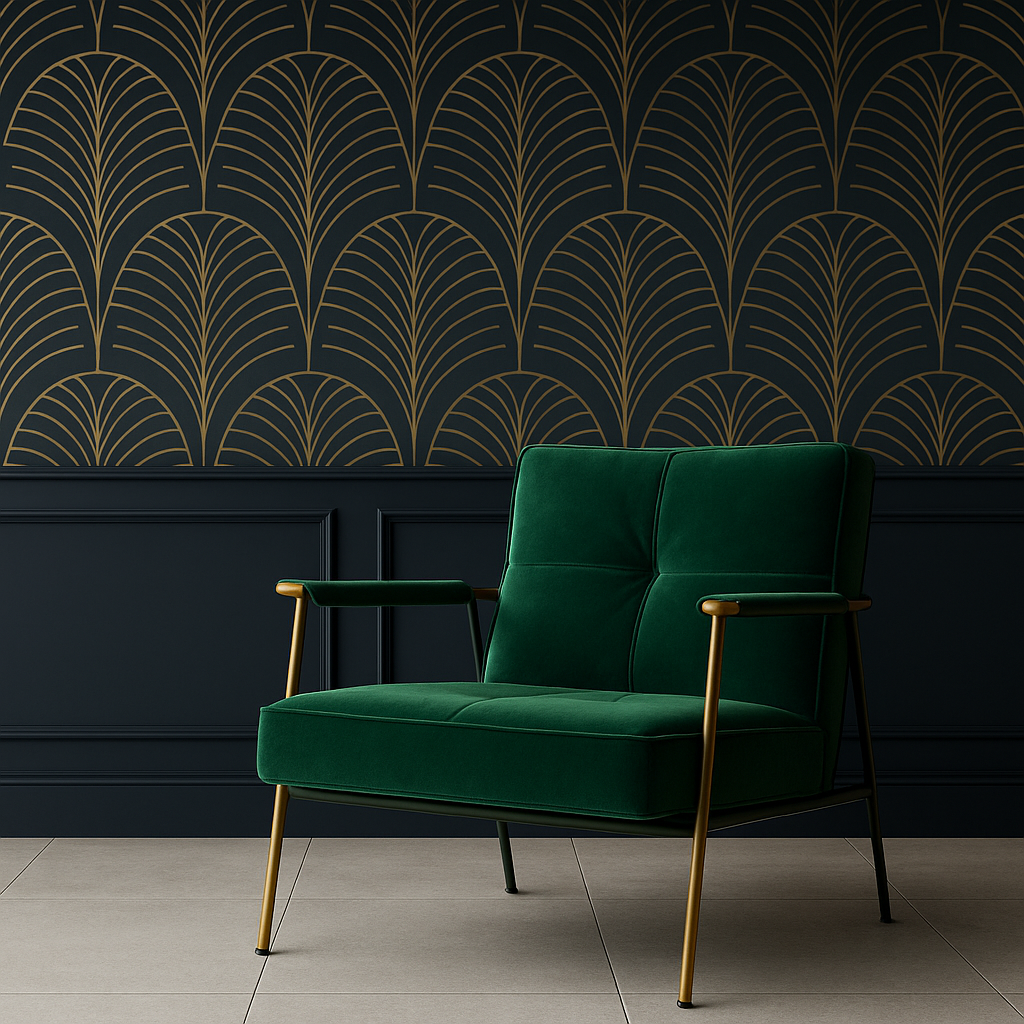 Emerald green Art Deco chair with brass accents against navy and gold patterned wall.