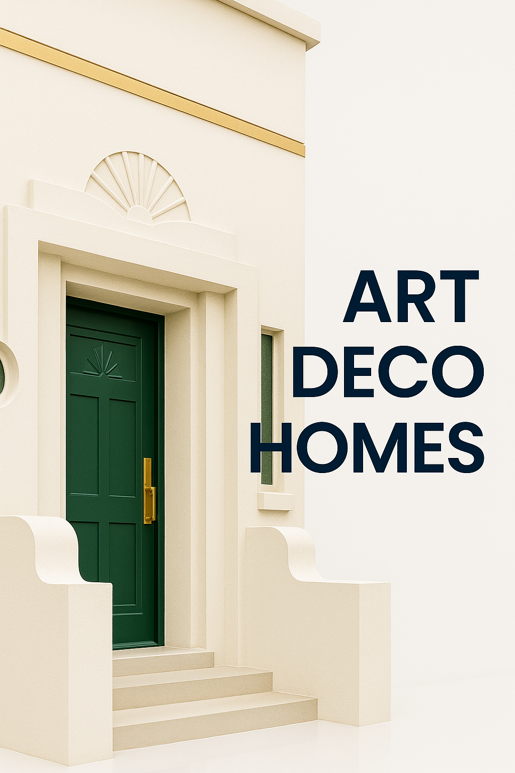 Art Deco home model with stepped façade, geometric details, and subtle green and gold highlights.