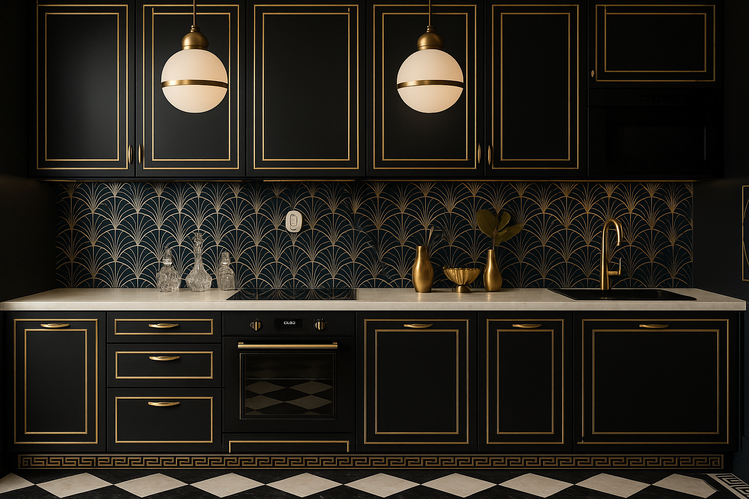Art Deco kitchen with black cabinets, gold trim, marble countertop, and geometric backsplash.