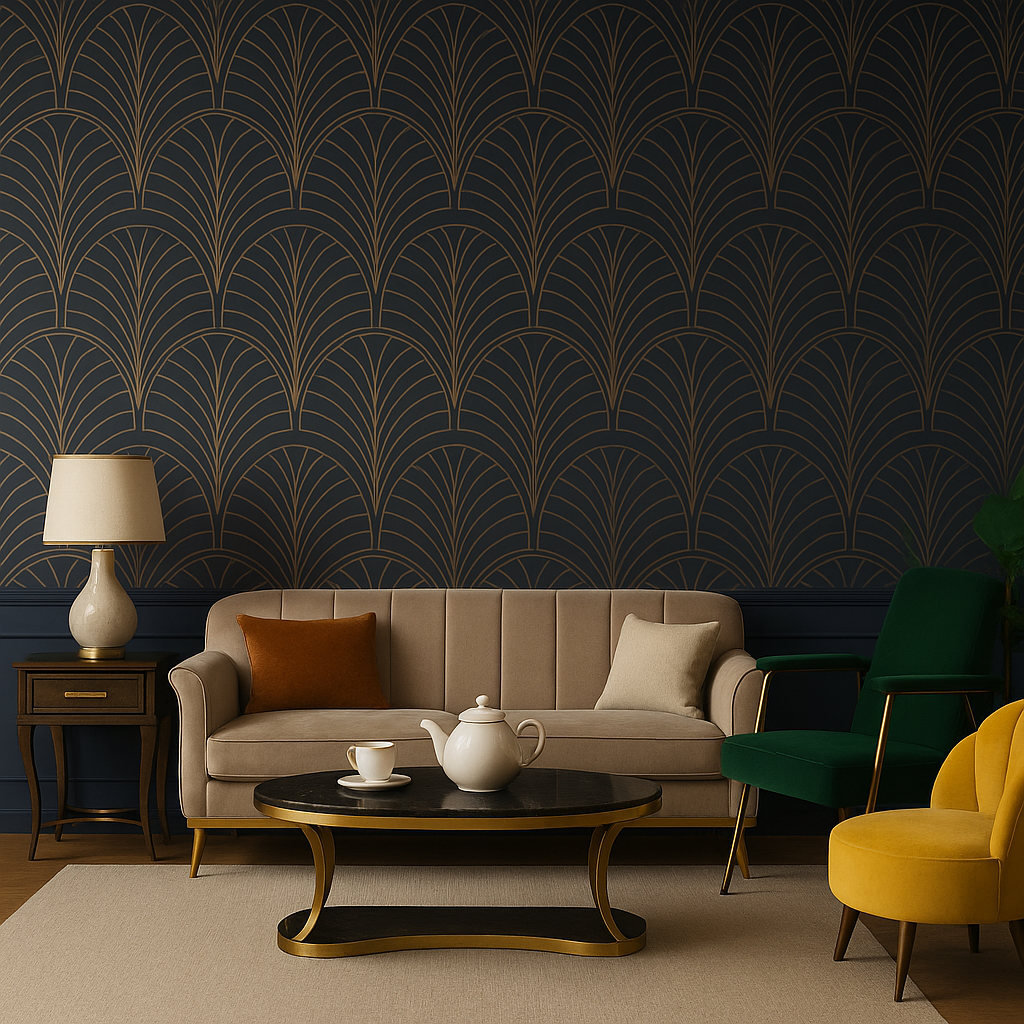 Art Deco living room with velvet chairs, gold accents, and geometric wallpaper.