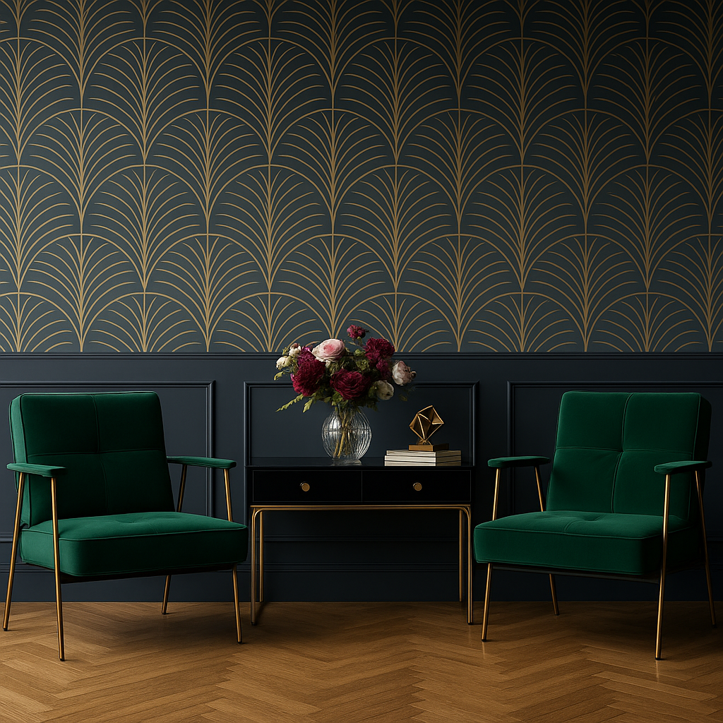 Wide Art Deco living room with two emerald green chairs, black console, and gold patterned wall.