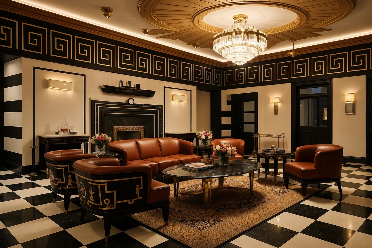 Art Deco-inspired lounge with checkerboard floor, Greek key border, black-and-gold detailing, and leather seating.