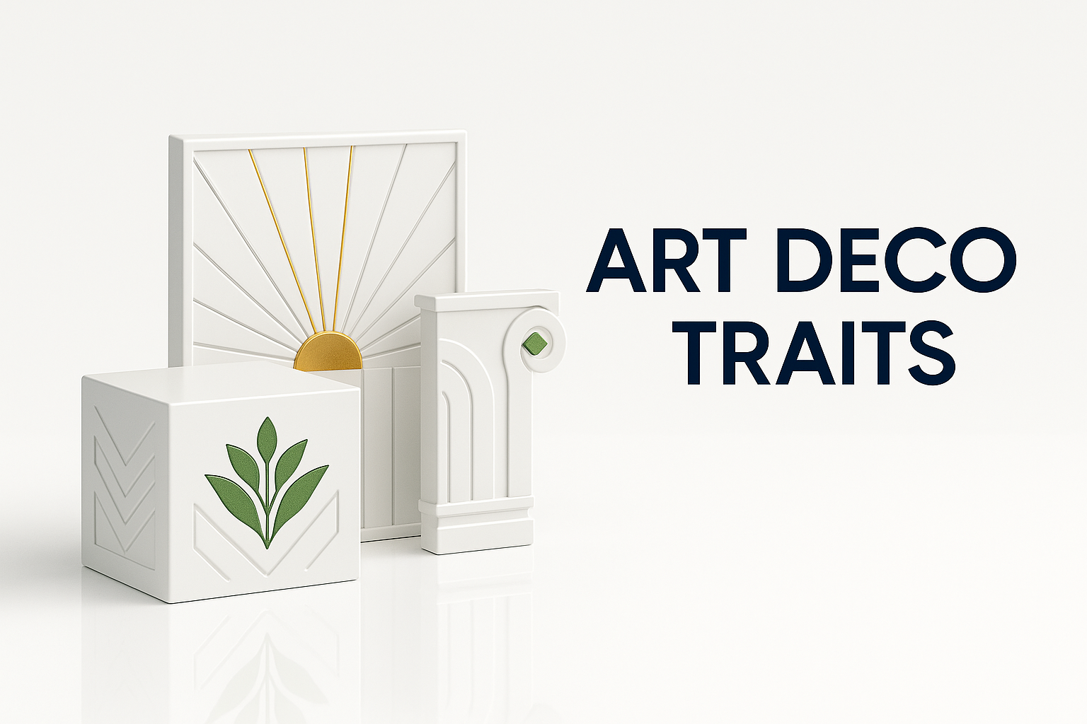 Art Deco motifs with gold sunburst and green geometric details.