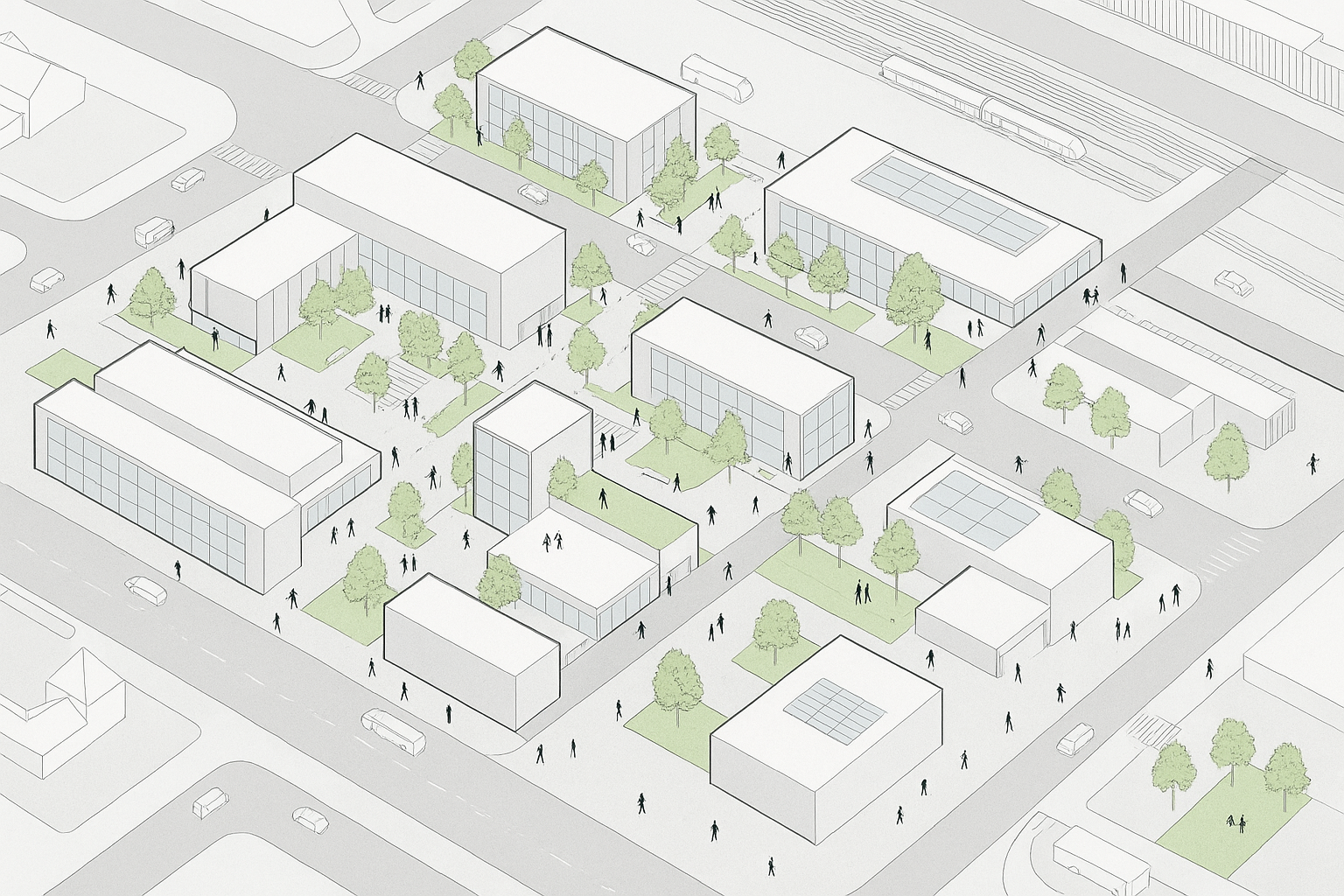 Bird’s-eye axonometric site plan with modern buildings and public spaces.
