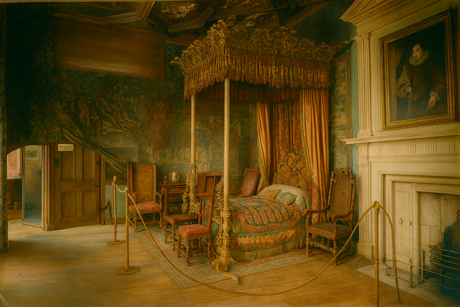 Grand Baroque-style historic bedroom with ornate canopy bed and carved furniture.