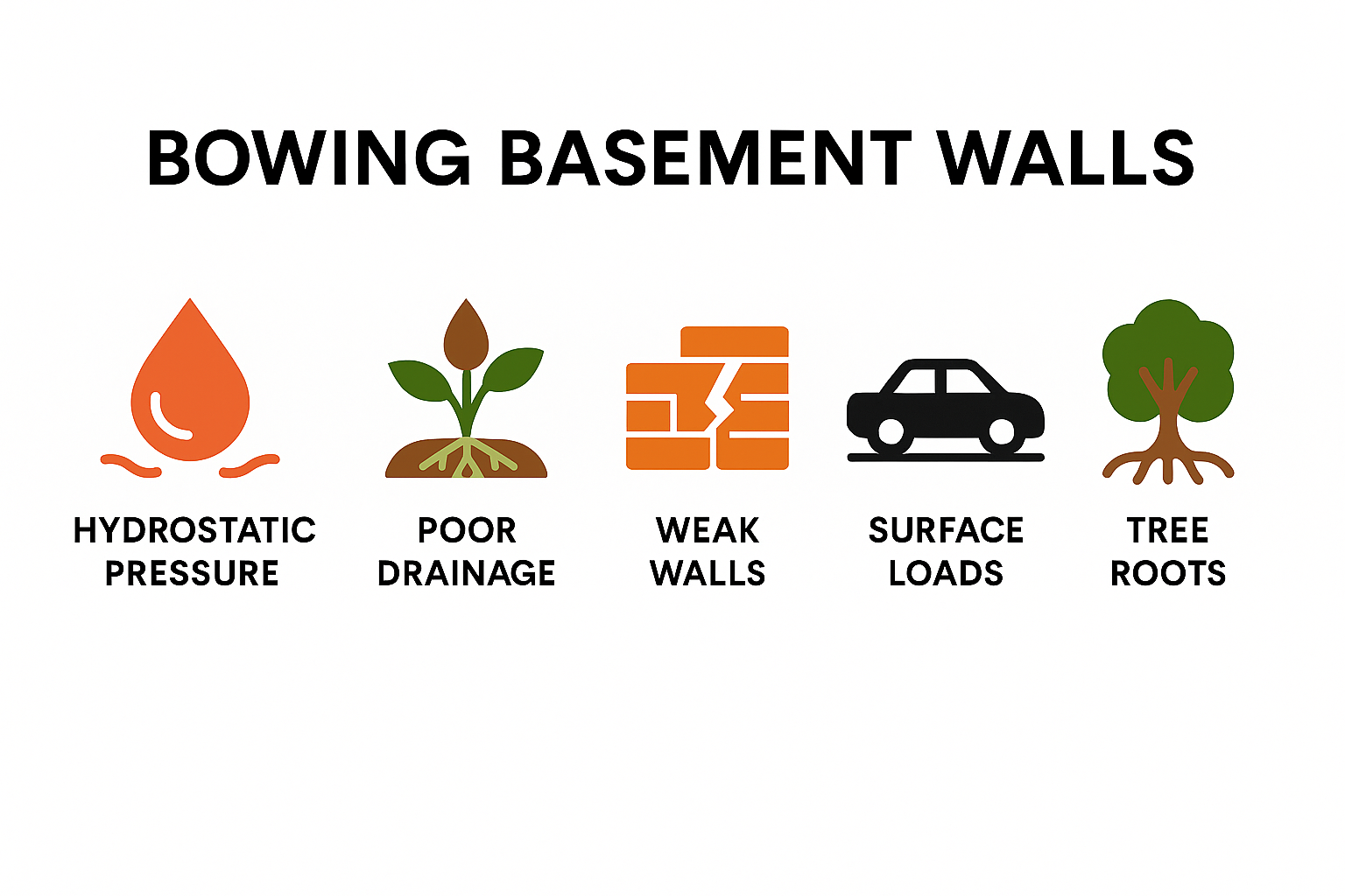 Showing causes of bowing basement walls: water pressure, drainage issues, weak structure, heavy loads, and tree roots.