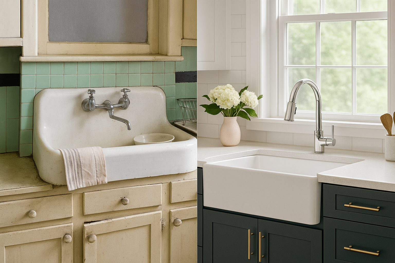 Side-by-side comparison of a 1930s kitchen sink and a modern updated version with sleek finishes.