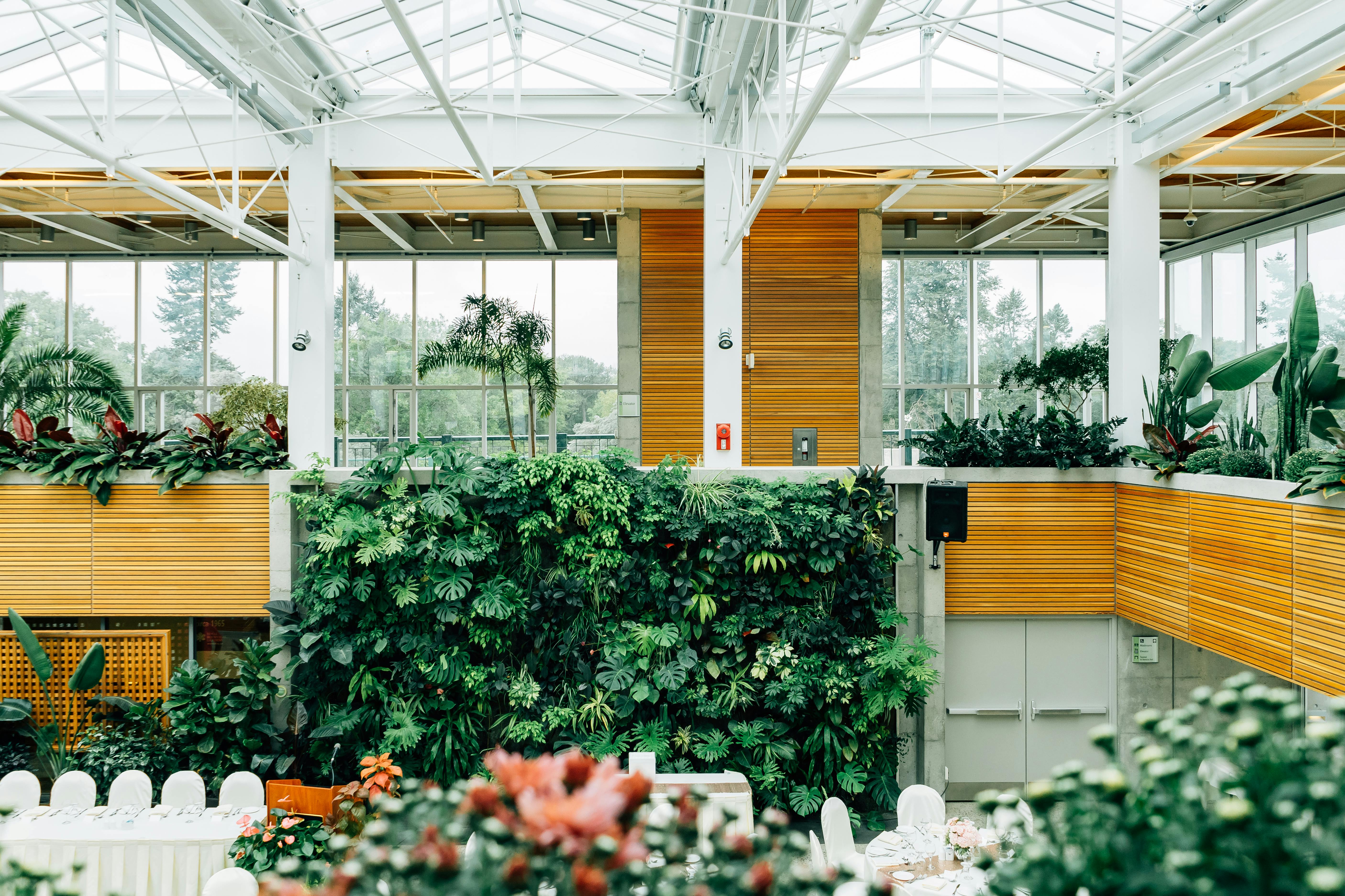Contemporary company office interior with desks, workstations, and abundant greenery.