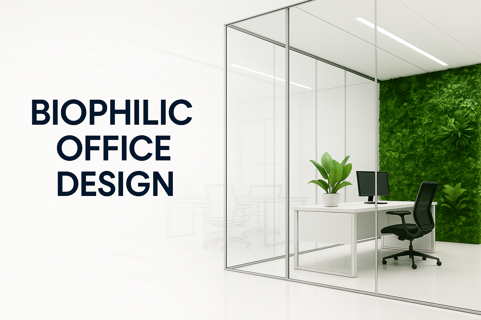 Modern office interior with glass partitions, desks, and greenery in glossy reflective style